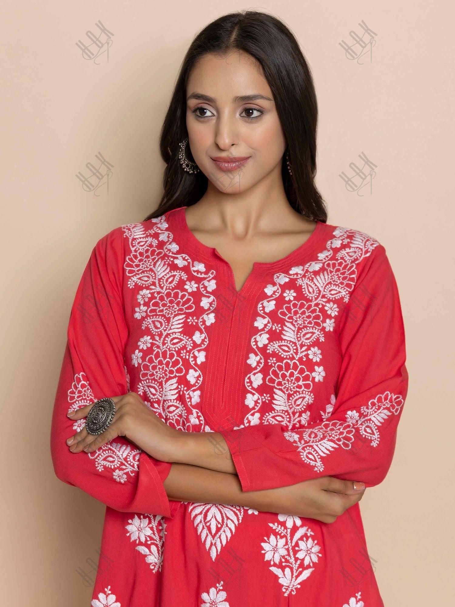 Fizaa Hand Embroidered Chikankari Kurta in Red - House Of Kari (Chikankari Clothing)