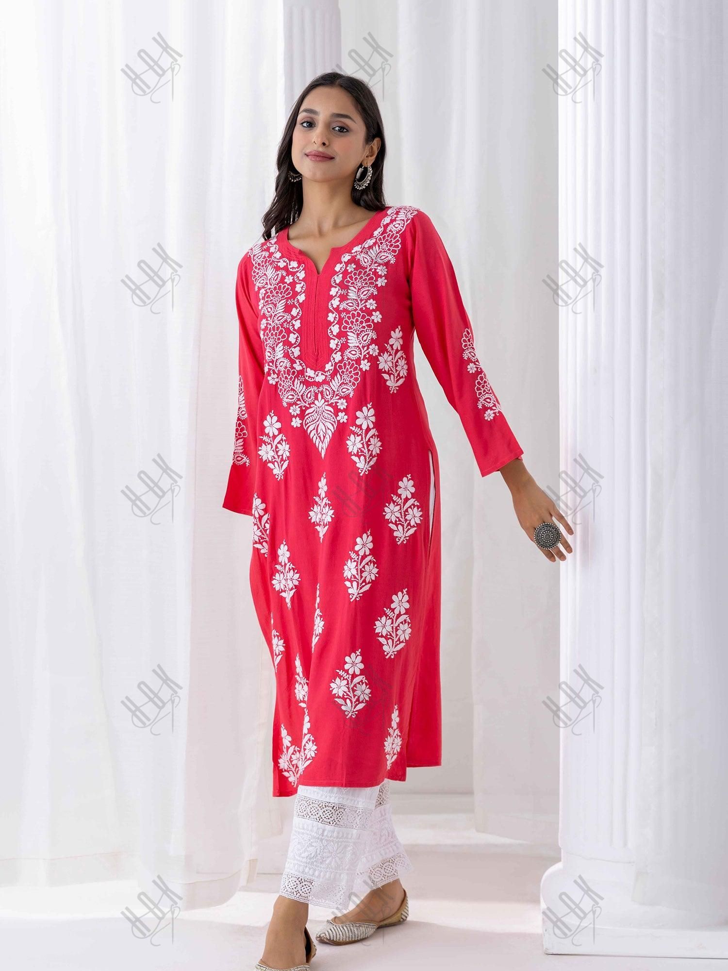 Fizaa Hand Embroidered Chikankari Kurta in Red - House Of Kari (Chikankari Clothing)