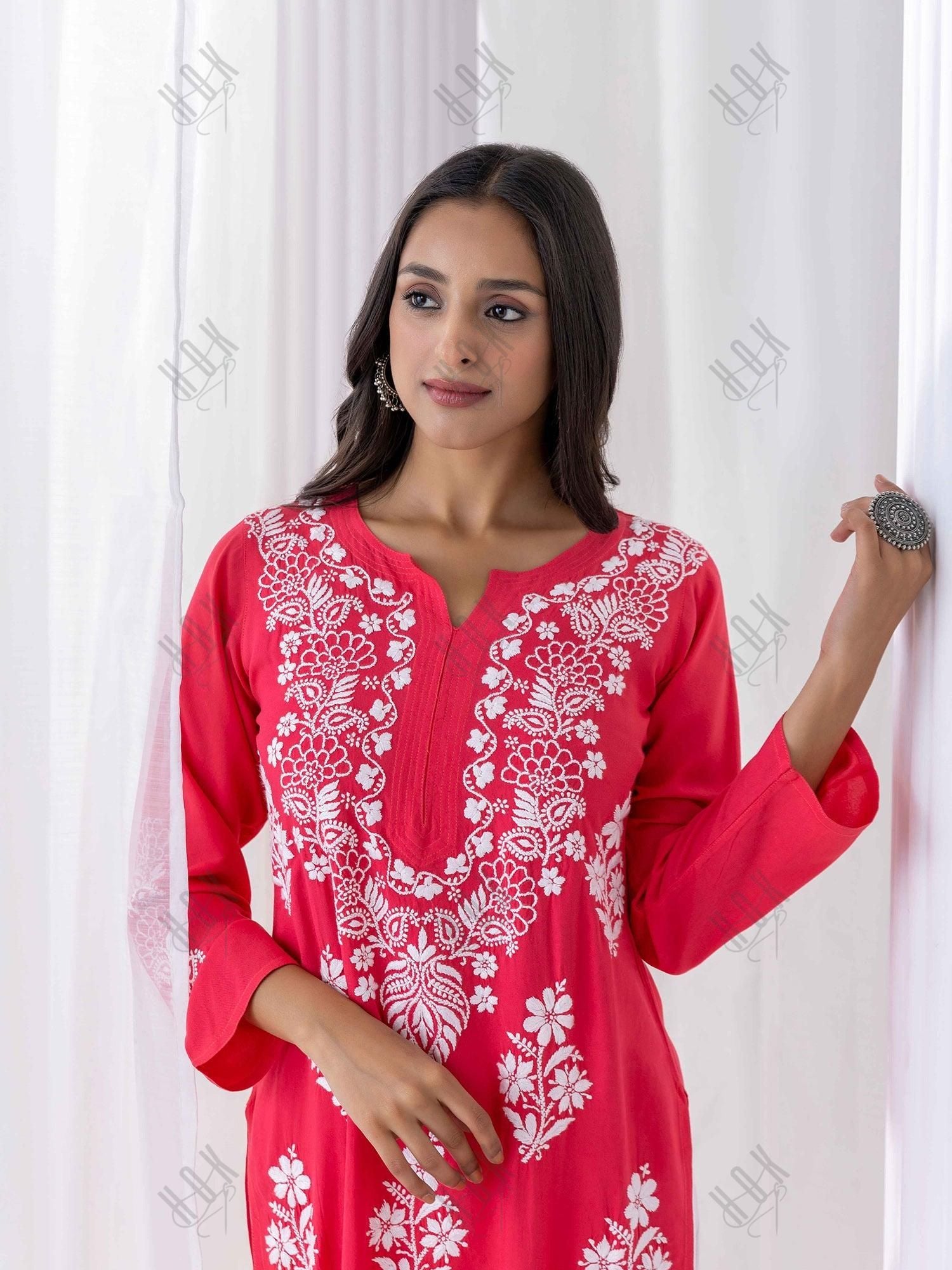 Fizaa Hand Embroidered Chikankari Kurta in Red - House Of Kari (Chikankari Clothing)