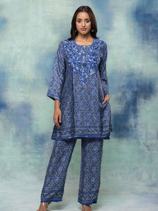 Load image into Gallery viewer, Fizaa Hand embroidered chikankari cord set in Poly Silk Blue - House Of Kari (Chikankari Clothing)
