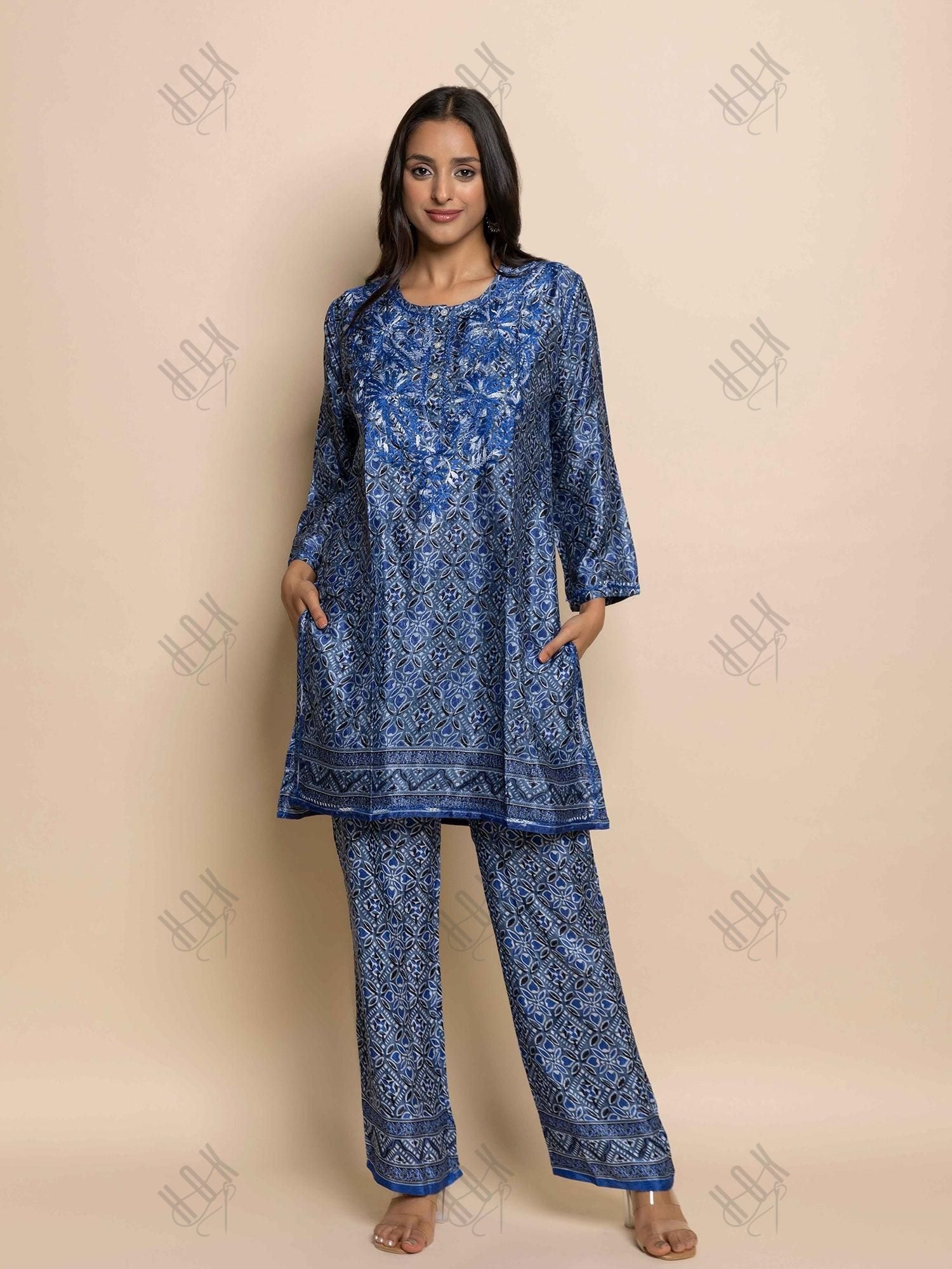 Fizaa Hand embroidered chikankari cord set in Poly Silk Blue - House Of Kari (Chikankari Clothing)