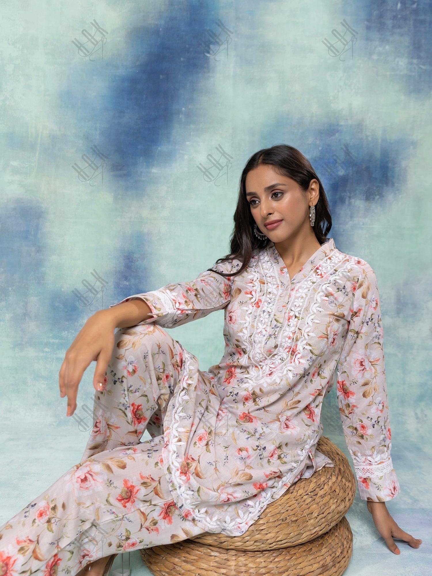 Fizaa Chikankari Co-ord set in Printed Rayon Cotton for Women- White Mulberry - House Of Kari (Chikankari Clothing)