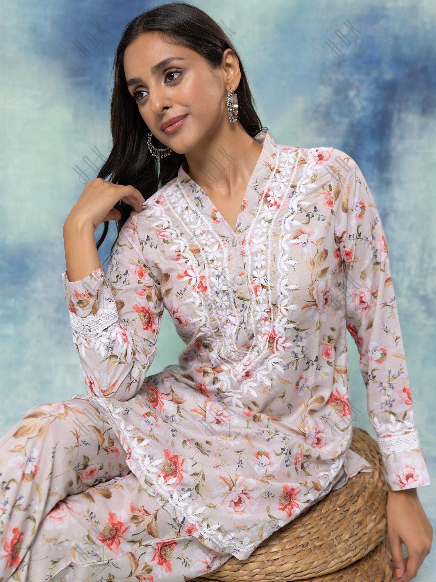 Fizaa Chikankari Co-ord set in Printed Rayon Cotton for Women- White Mulberry - House Of Kari (Chikankari Clothing)