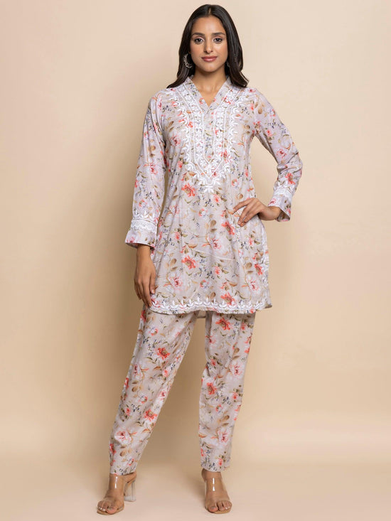 Fizaa Chikankari Co-ord set in Printed Rayon Cotton for Women- White Mulberry - House Of Kari (Chikankari Clothing)
