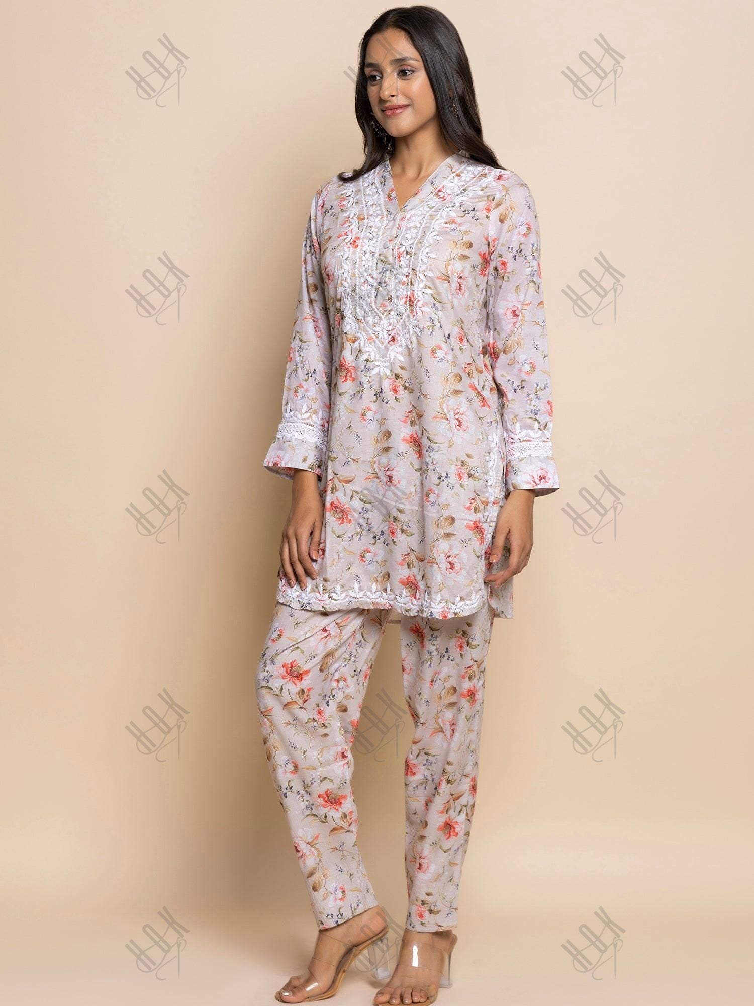 Fizaa Chikankari Co-ord set in Printed Rayon Cotton for Women- White Mulberry - House Of Kari (Chikankari Clothing)