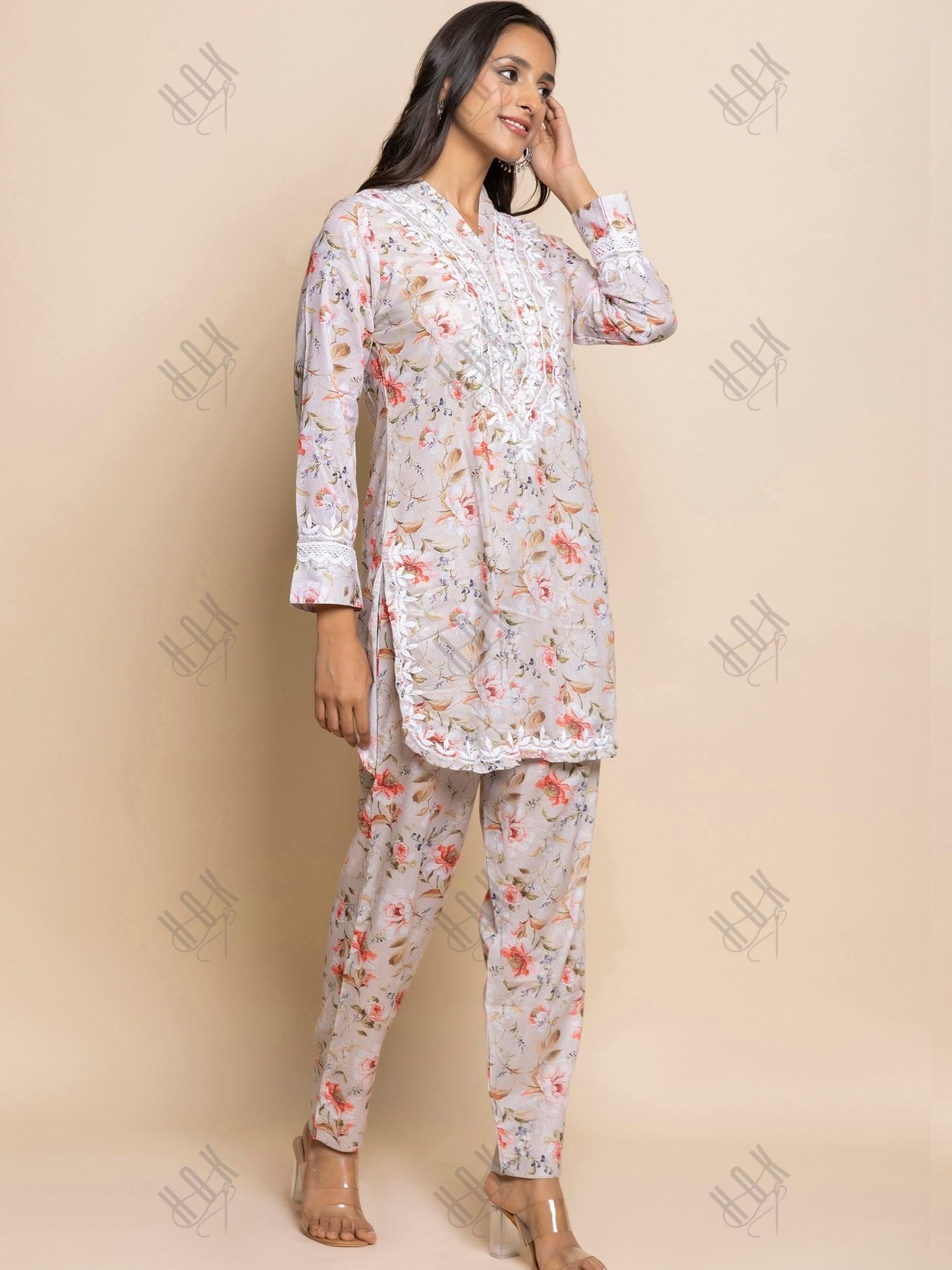 Fizaa Chikankari Co-ord set in Printed Rayon Cotton for Women- White Mulberry - House Of Kari (Chikankari Clothing)