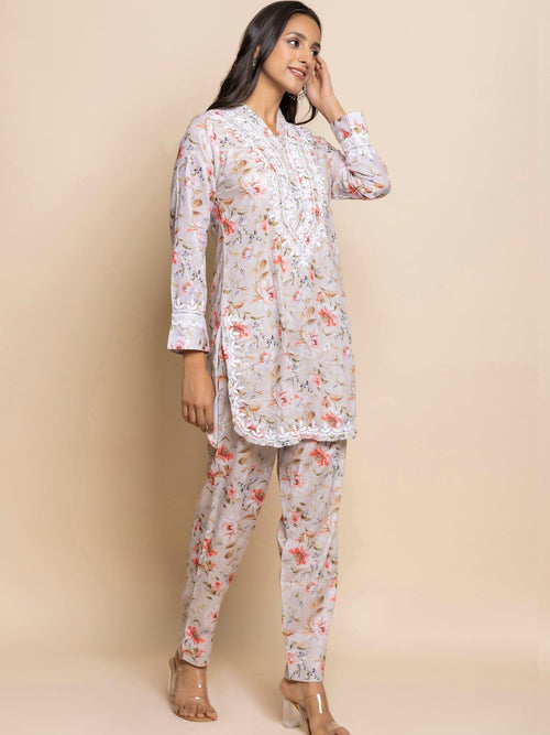 Fizaa Chikankari Co-ord set in Printed Rayon Cotton for Women- White Mulberry - House Of Kari (Chikankari Clothing)