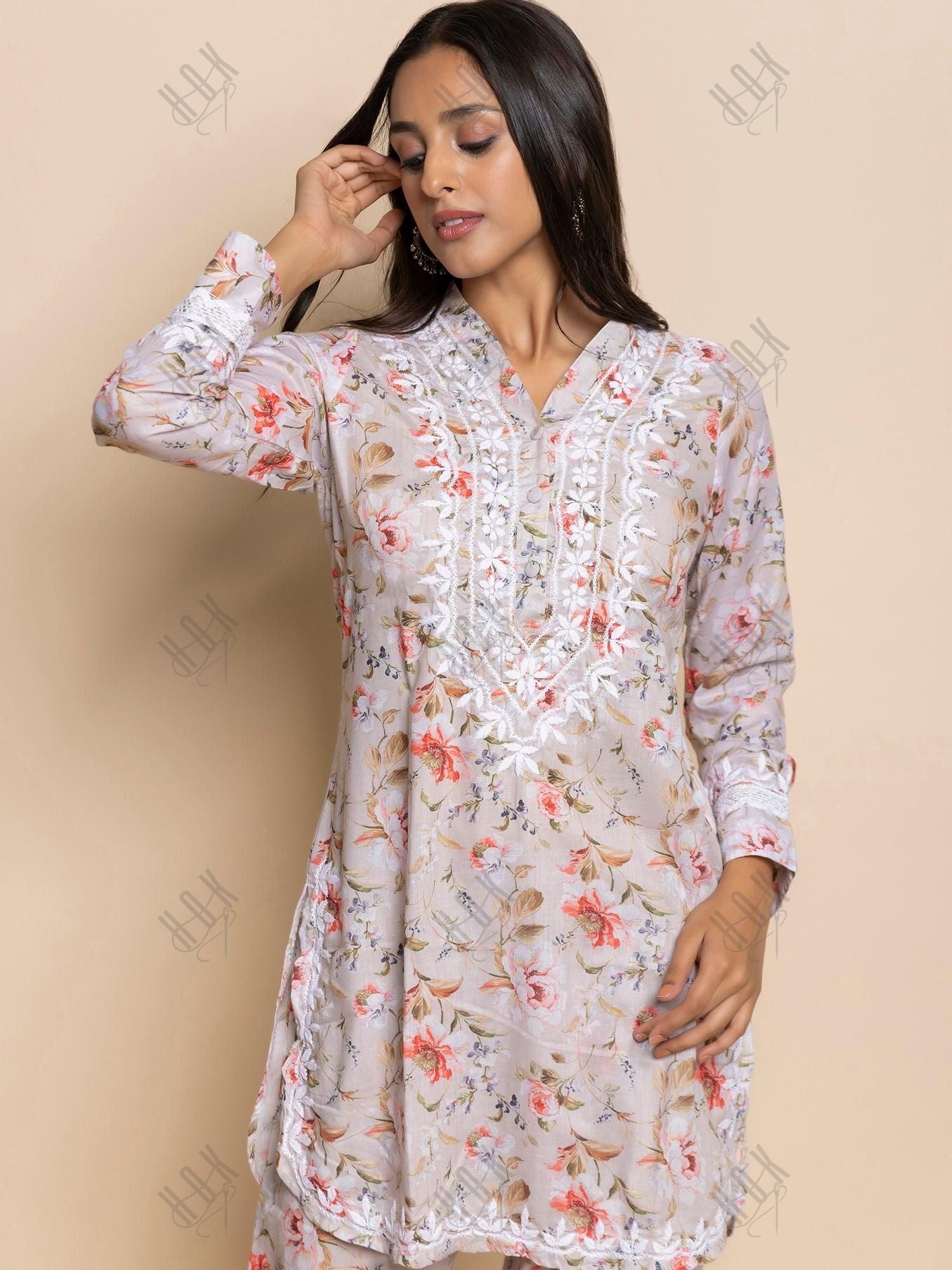 Fizaa Chikankari Co-ord set in Printed Rayon Cotton for Women- White Mulberry - House Of Kari (Chikankari Clothing)