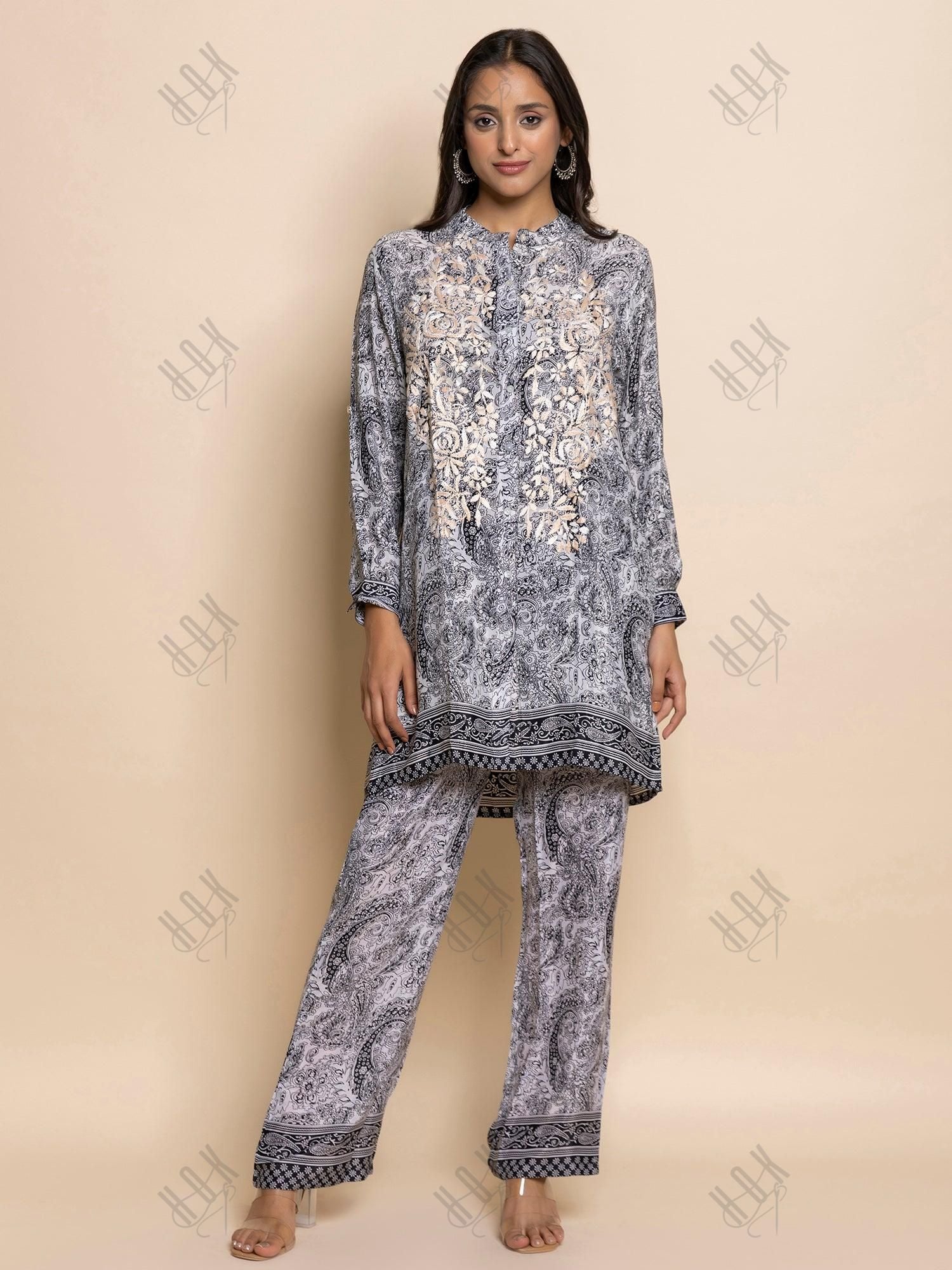 Fizaa Hand embroidered chikankari cord set in Poly Silk Multigrey - House Of Kari (Chikankari Clothing)