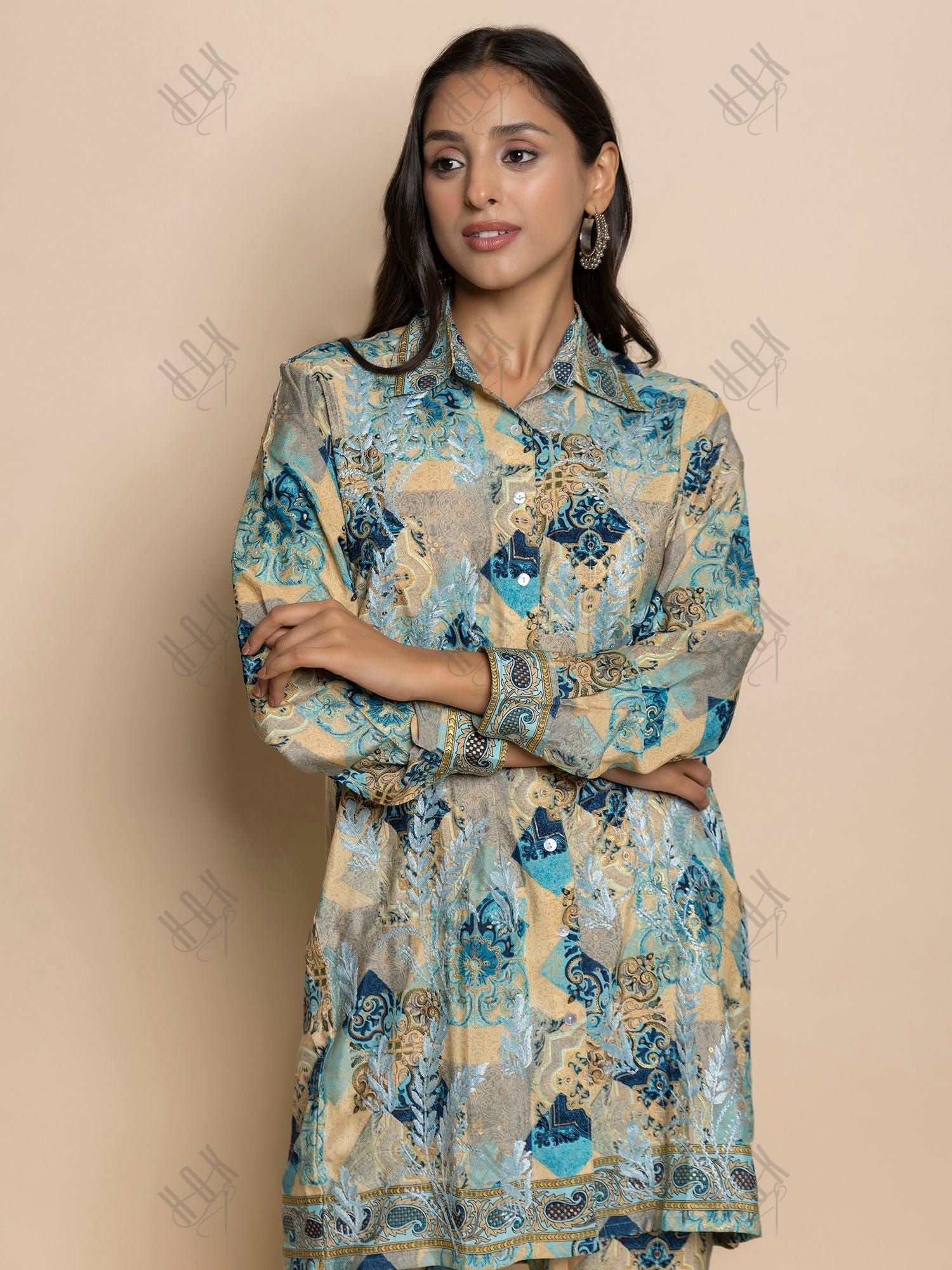 Fizaa Hand embroidered chikankari Kurta in Poly Silk Blue - House Of Kari (Chikankari Clothing)