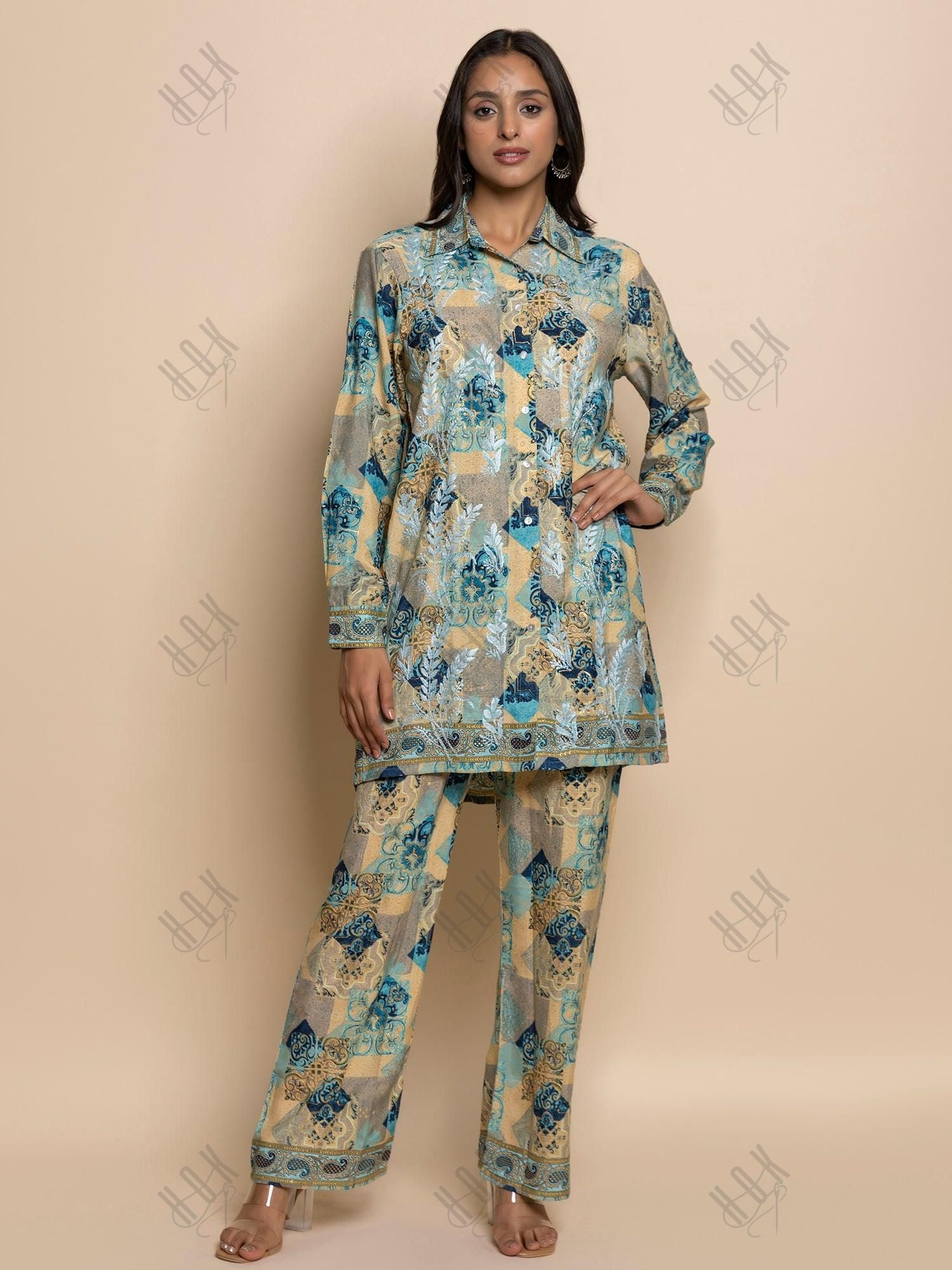 Fizaa Hand embroidered chikankari Kurta in Poly Silk Blue - House Of Kari (Chikankari Clothing)