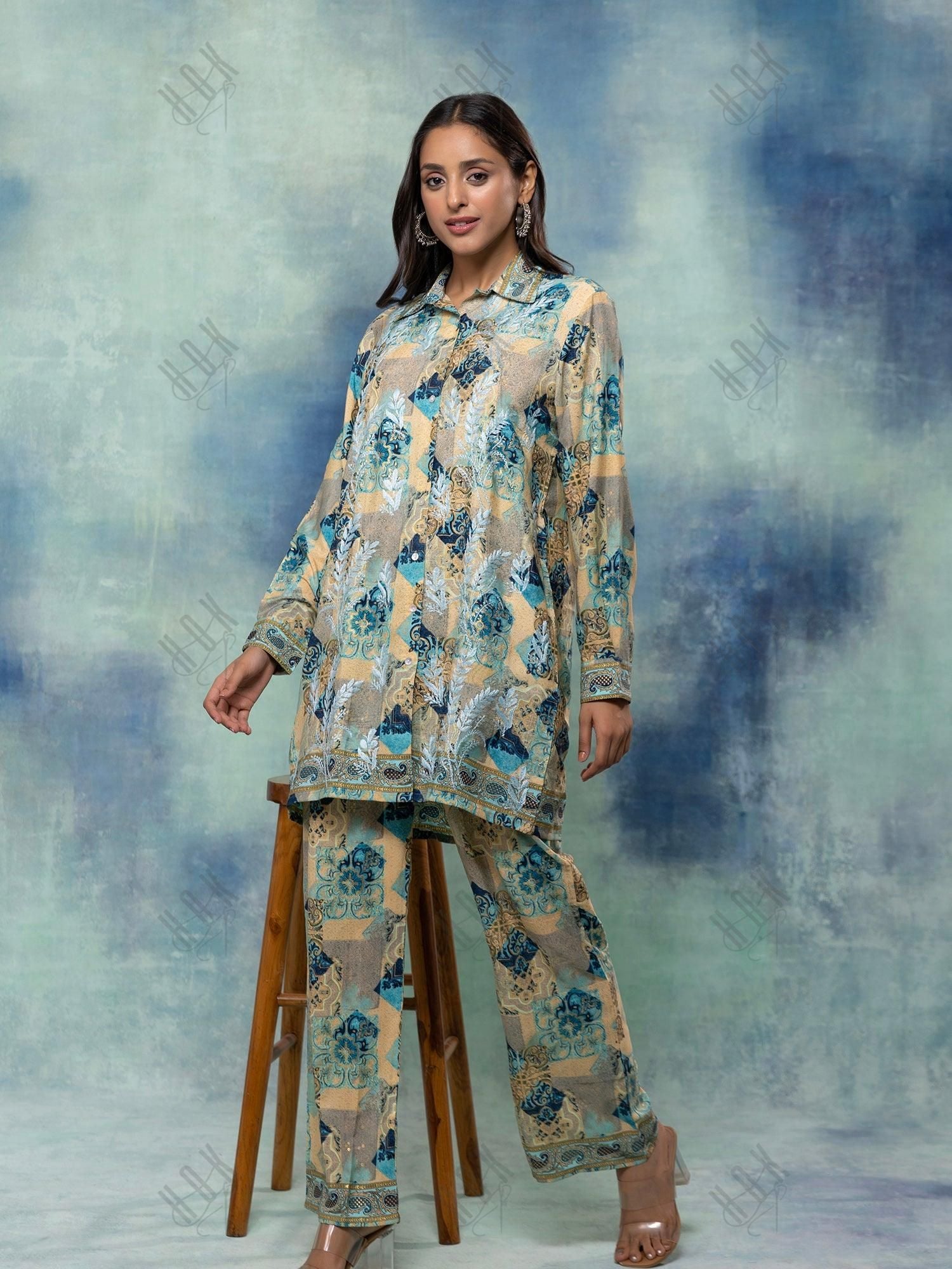 Fizaa Hand embroidered chikankari Kurta in Poly Silk Blue - House Of Kari (Chikankari Clothing)