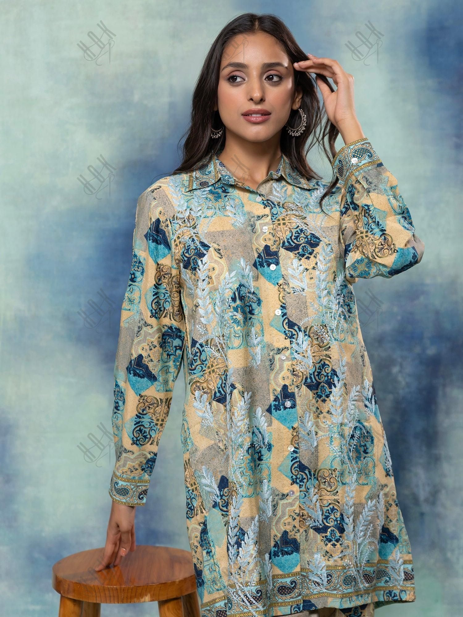 Fizaa Hand embroidered chikankari Kurta in Poly Silk Blue - House Of Kari (Chikankari Clothing)