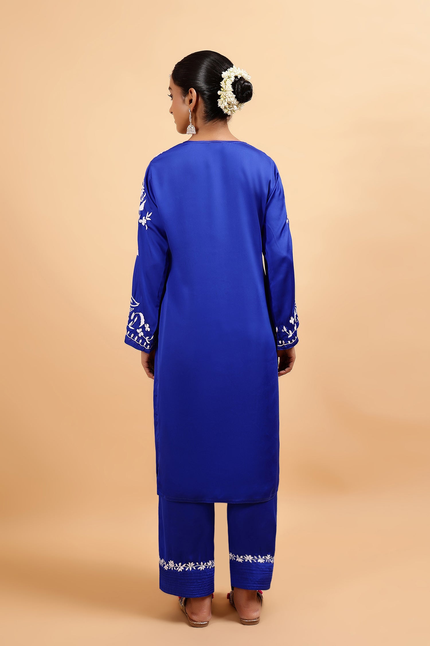 Chikankari Kurta Set in Satin Silk with Farsi Pants – Royal Blue