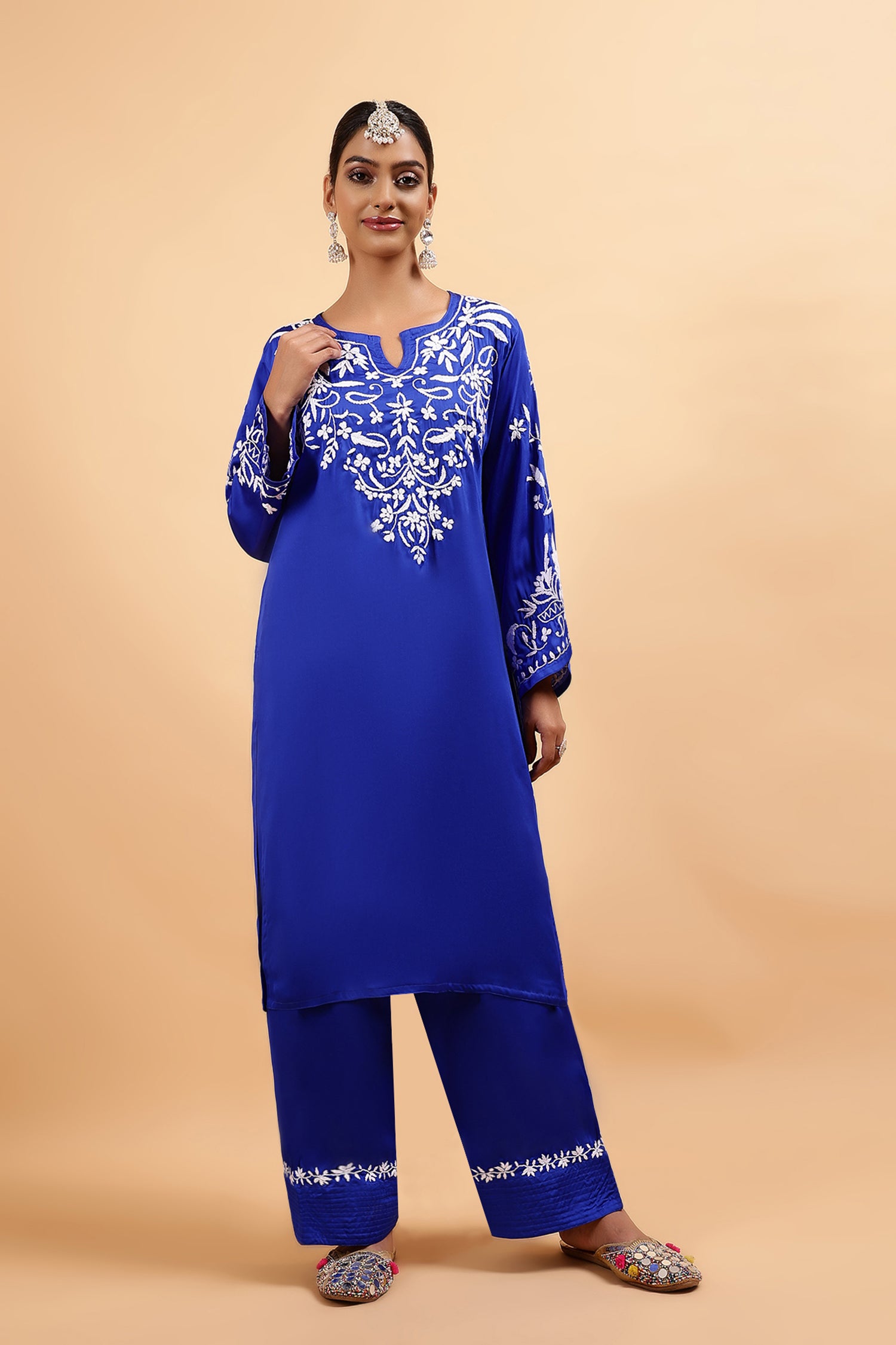 Chikankari Kurta Set in Satin Silk with Farsi Pants – Royal Blue