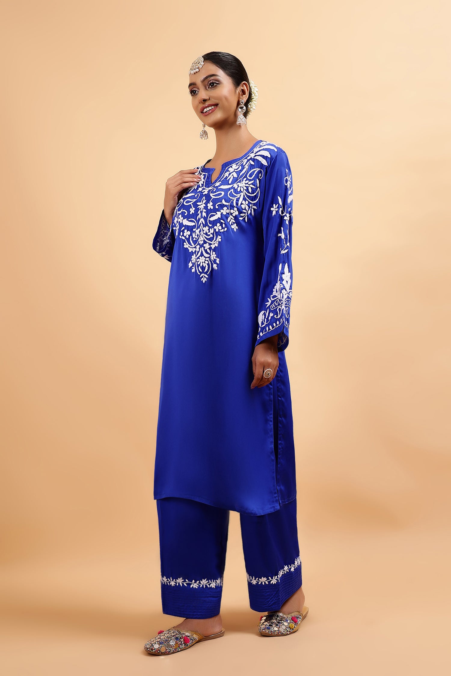 Chikankari Kurta Set in Satin Silk with Farsi Pants – Royal Blue