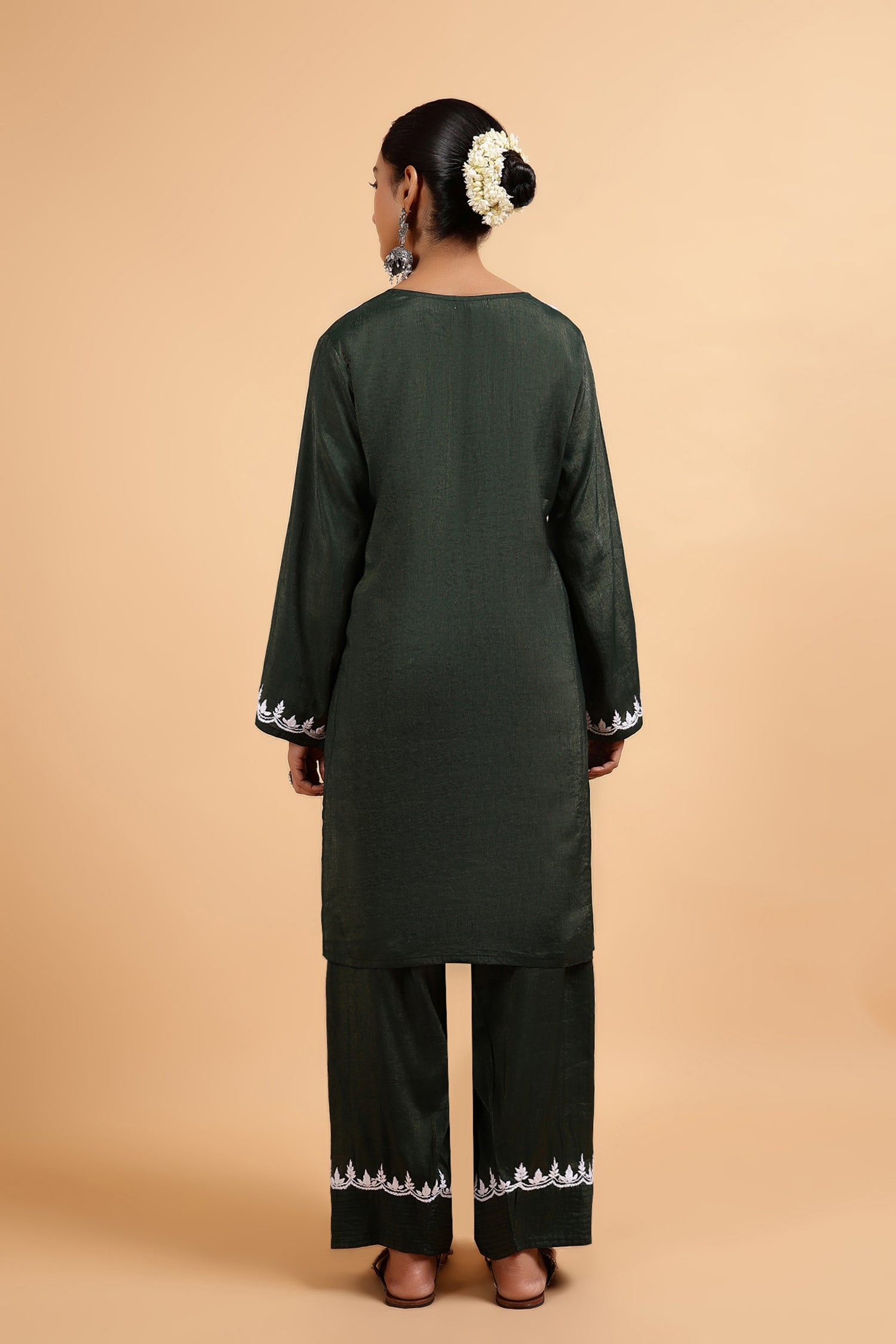 Chikankari Kurta Set in Viscose with Farsi Pants – Bottle Green