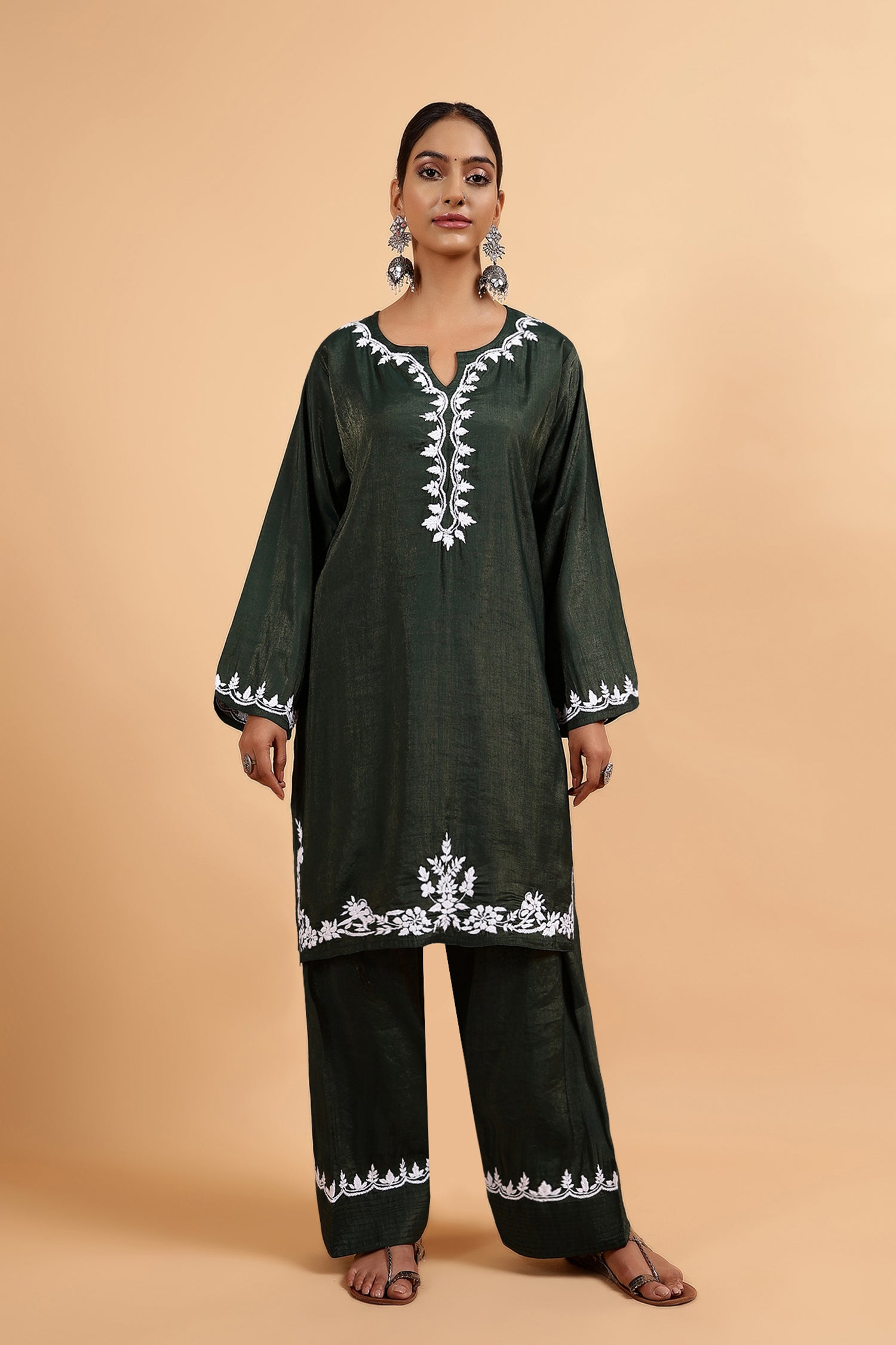Chikankari Kurta Set in Viscose with Farsi Pants – Bottle Green