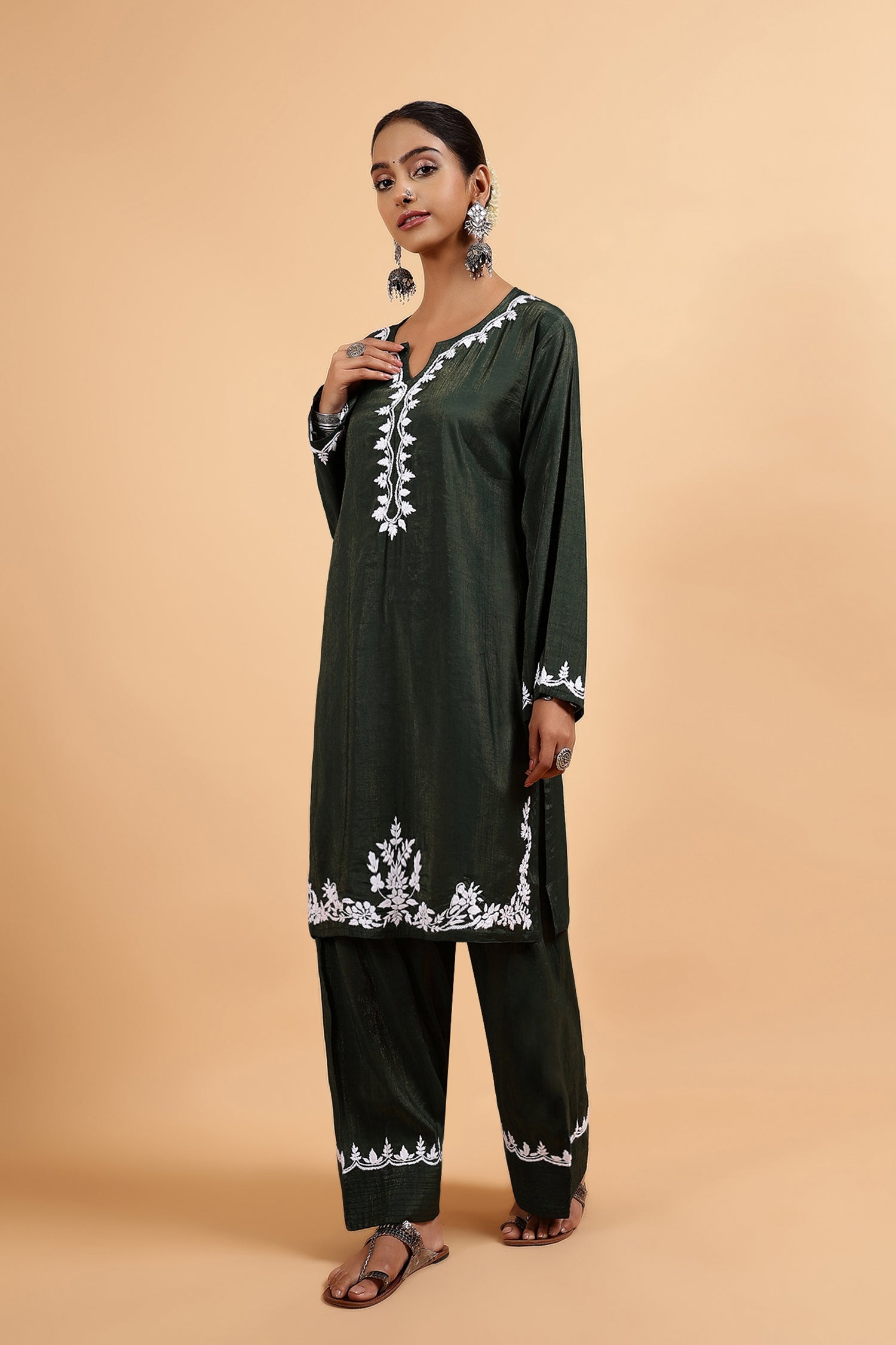 Chikankari Kurta Set in Viscose with Farsi Pants – Bottle Green