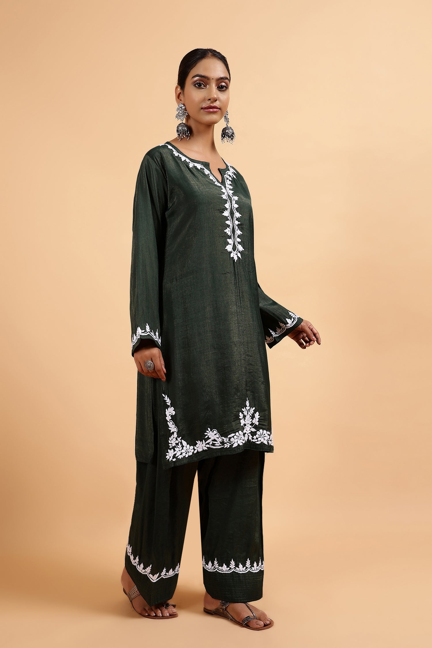 Chikankari Kurta Set in Viscose with Farsi Pants – Bottle Green