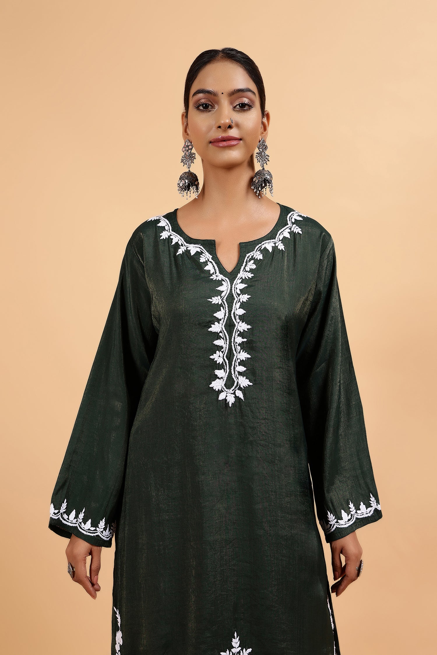 Chikankari Kurta Set in Viscose with Farsi Pants – Bottle Green