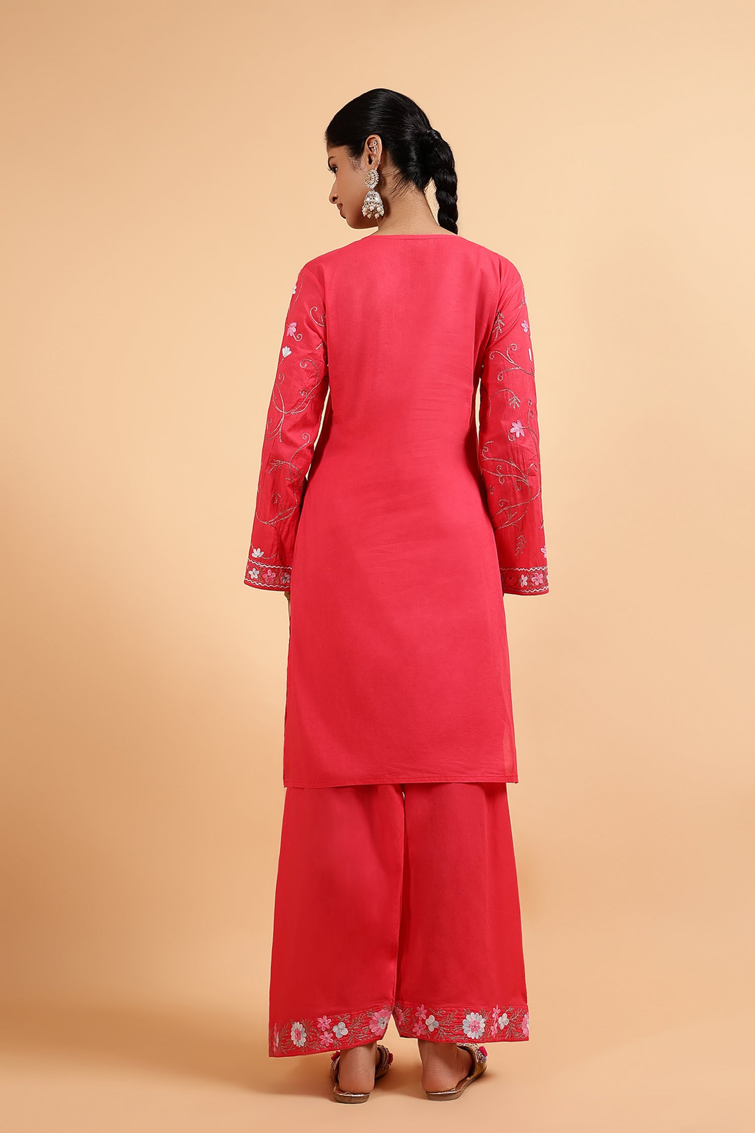 Kashmiri Aari Embroidered Kurta Set with Farsi Pants - Pink