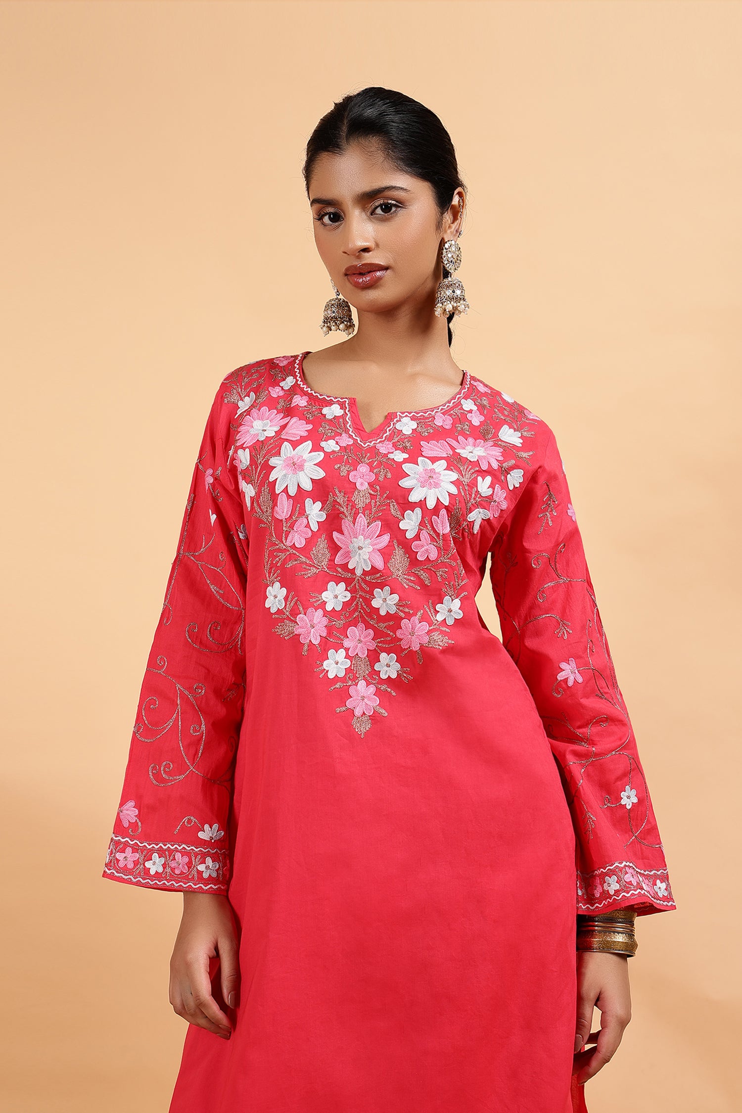 Kashmiri Aari Embroidered Kurta Set with Farsi Pants - Pink