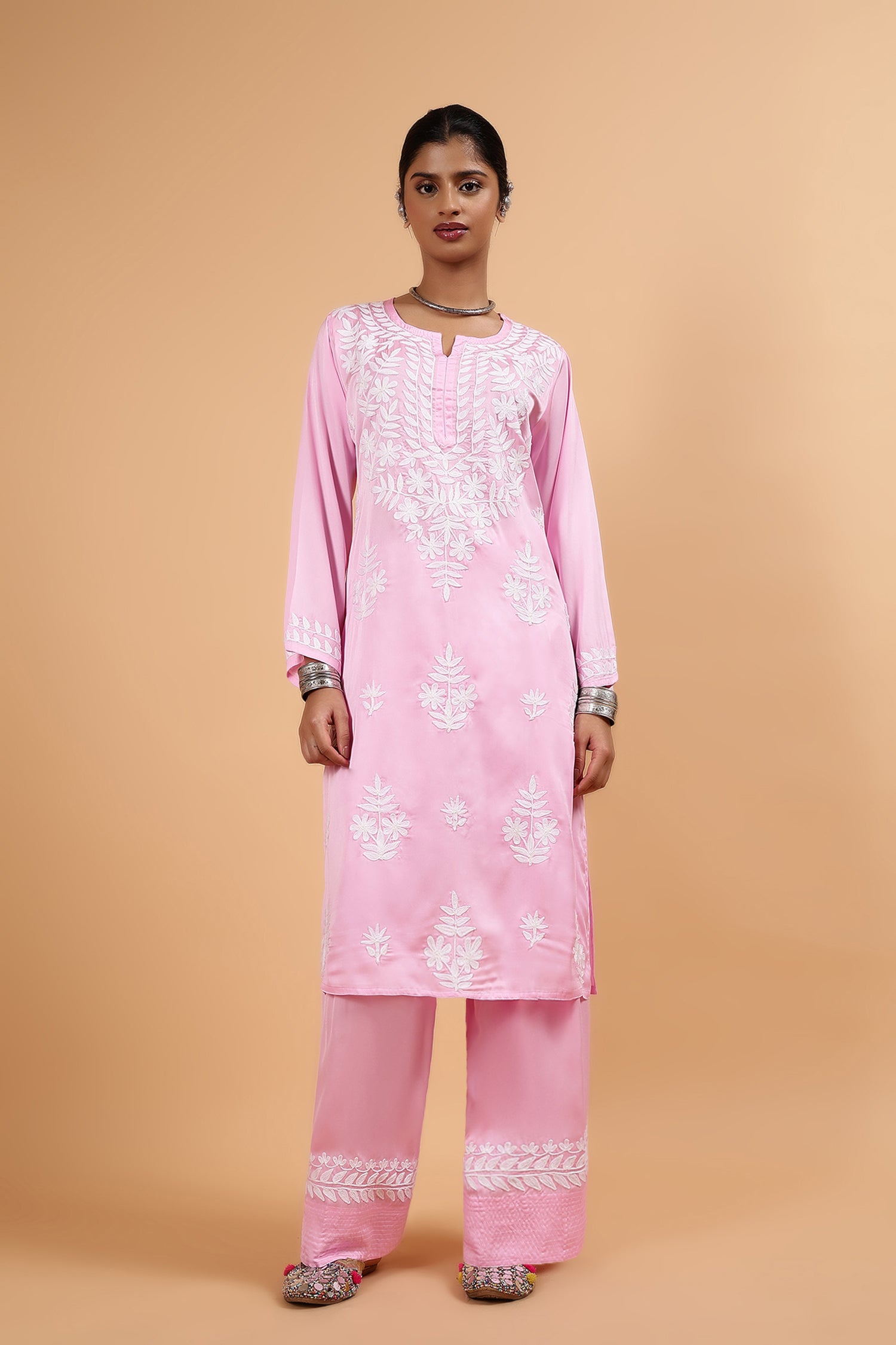 Kashmiri Aari Embroidered Kurta Set with Farsi Pants in Pink Satin Silk