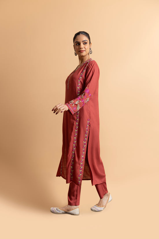 Load image into Gallery viewer, Gargi in Fizaa&amp;#39;s Chikankari Cotton Silk Kurta Set for Women - Falu Red
