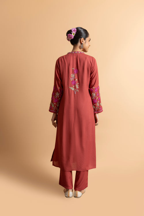 Fizaa's Chikankari Cotton Silk Kurta Set for Women - Falu Red