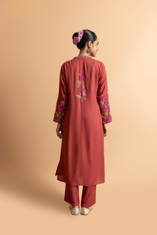 Load image into Gallery viewer, Gargi in Fizaa&amp;#39;s Chikankari Cotton Silk Kurta Set for Women - Falu Red
