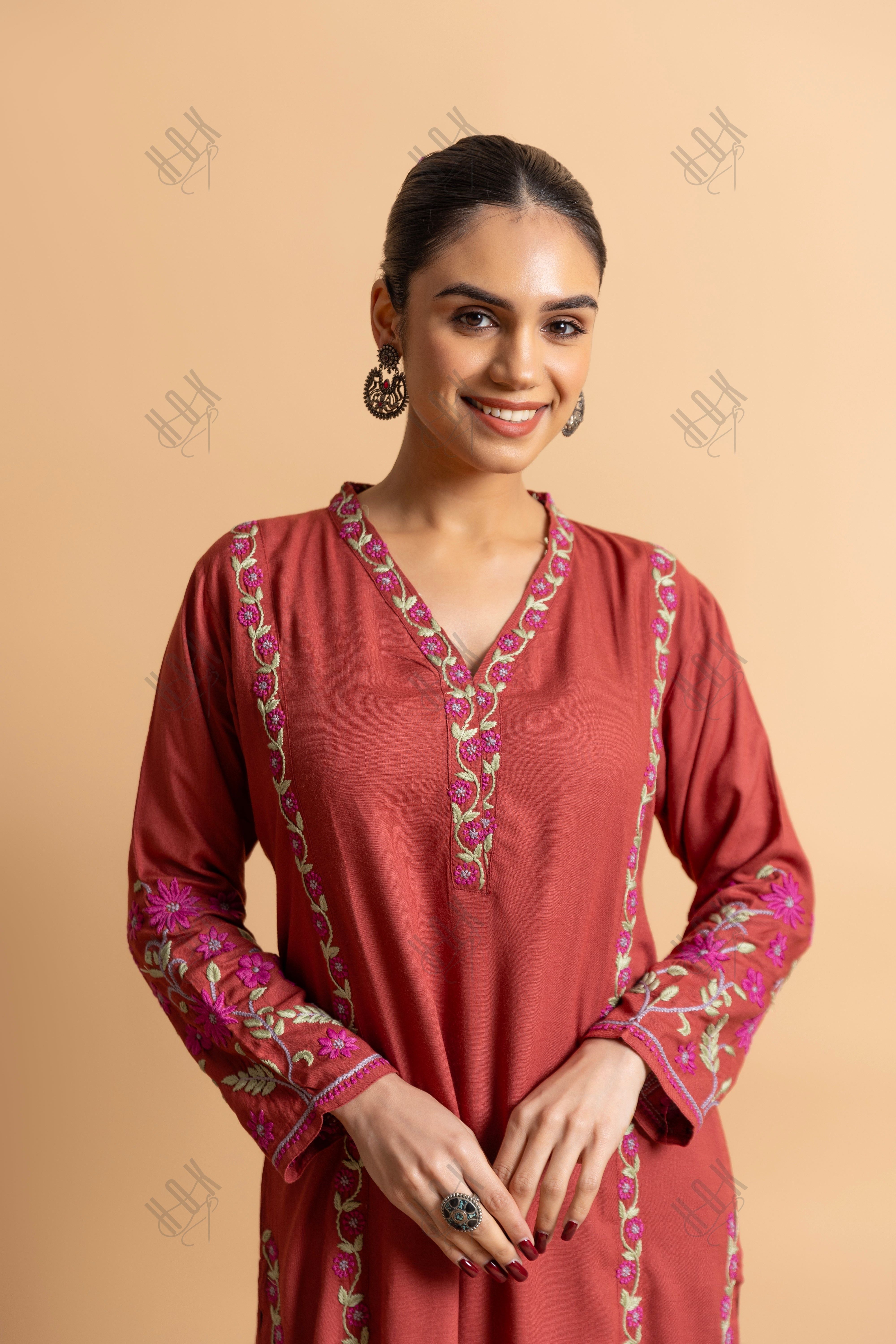 Gargi in Fizaa's Chikankari Cotton Silk Kurta Set for Women - Falu Red