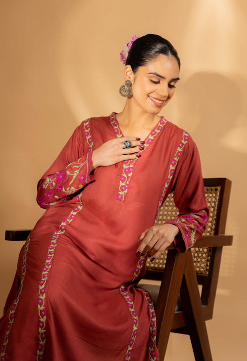 Fizaa's Chikankari Cotton Silk Kurta Set for Women - Falu Red
