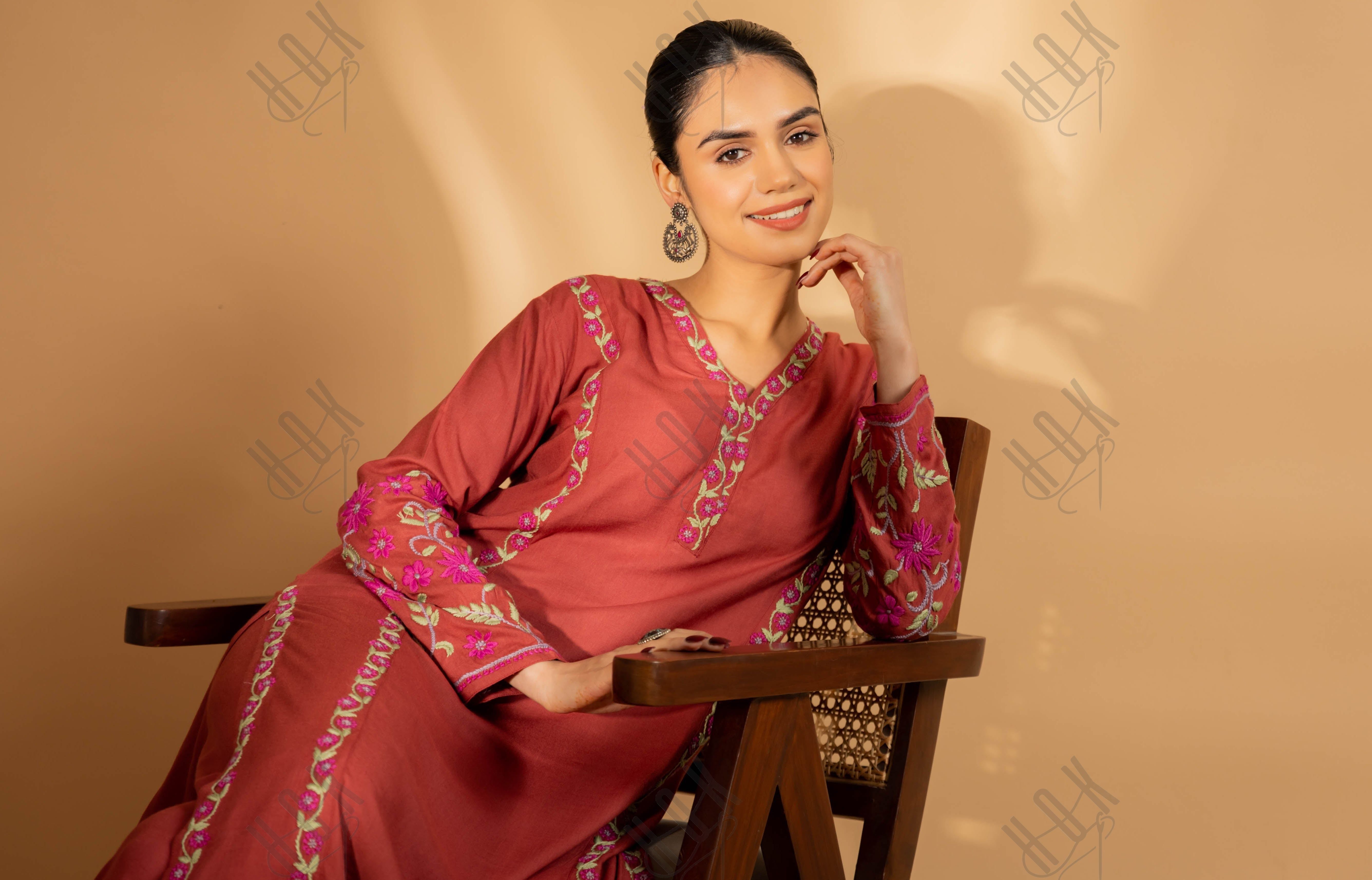 Saba Chikankari Cotton Silk Kurta Set for Women - Falu Red