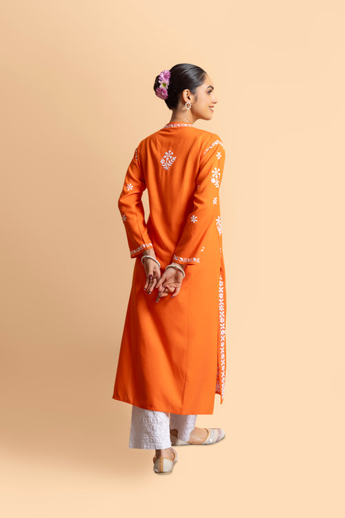 Load image into Gallery viewer, Cotton Blossom Chikankari V-Neck Kurta - Orange
