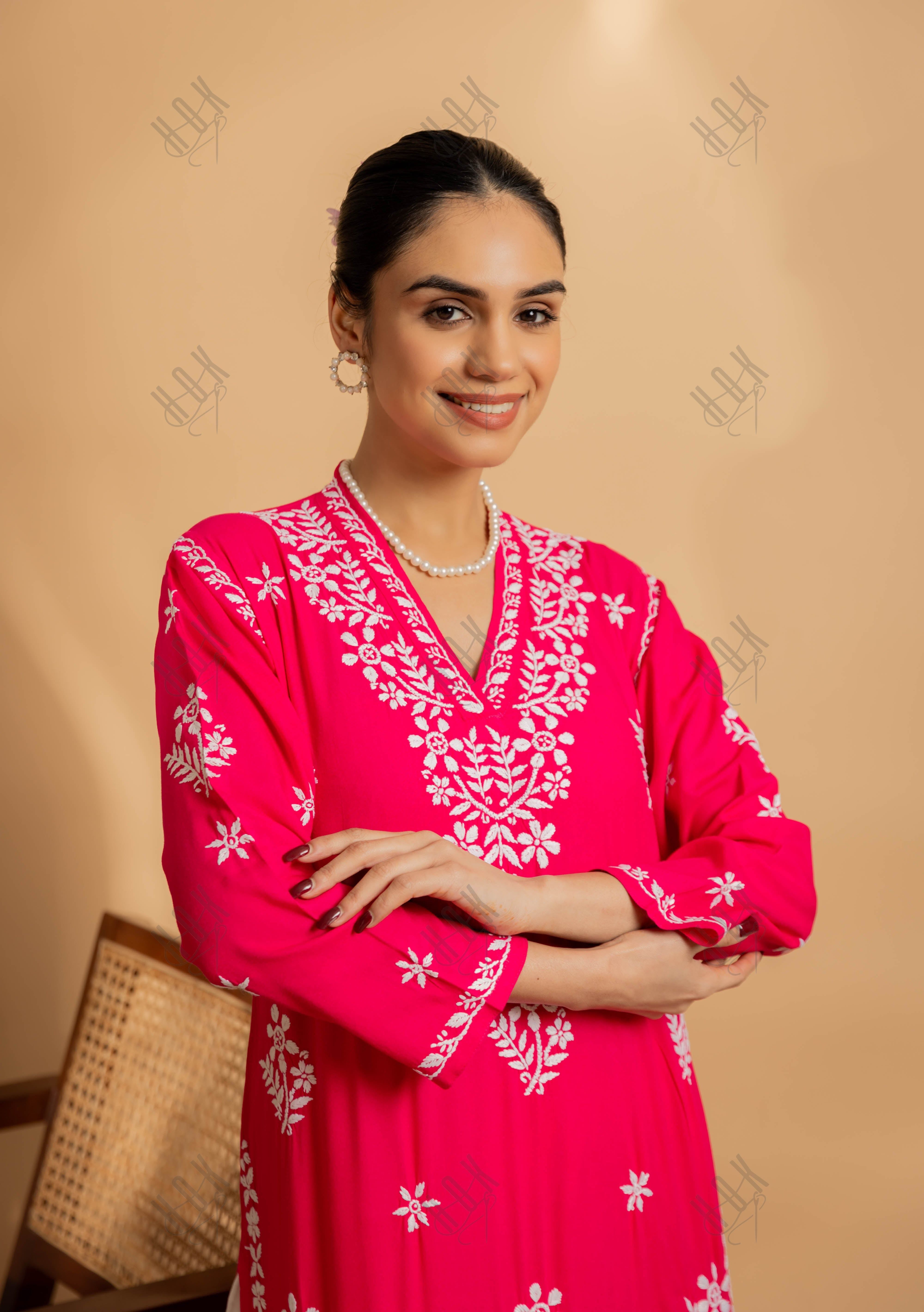 Cotton Blossom Chikankari V-Neck Kurta - Pink