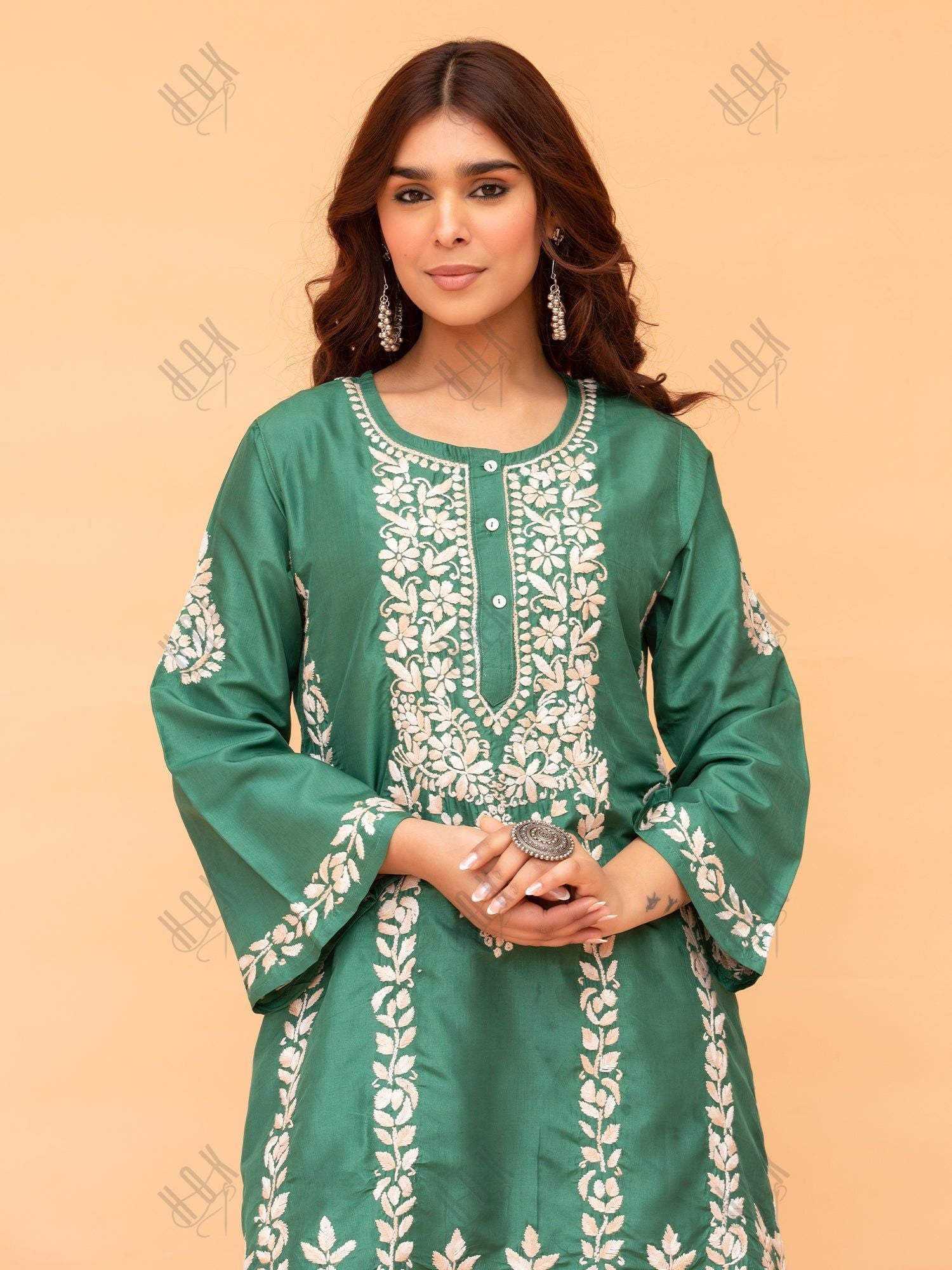 Saba Chikankari Kurta Set in Habutai Silk - Green