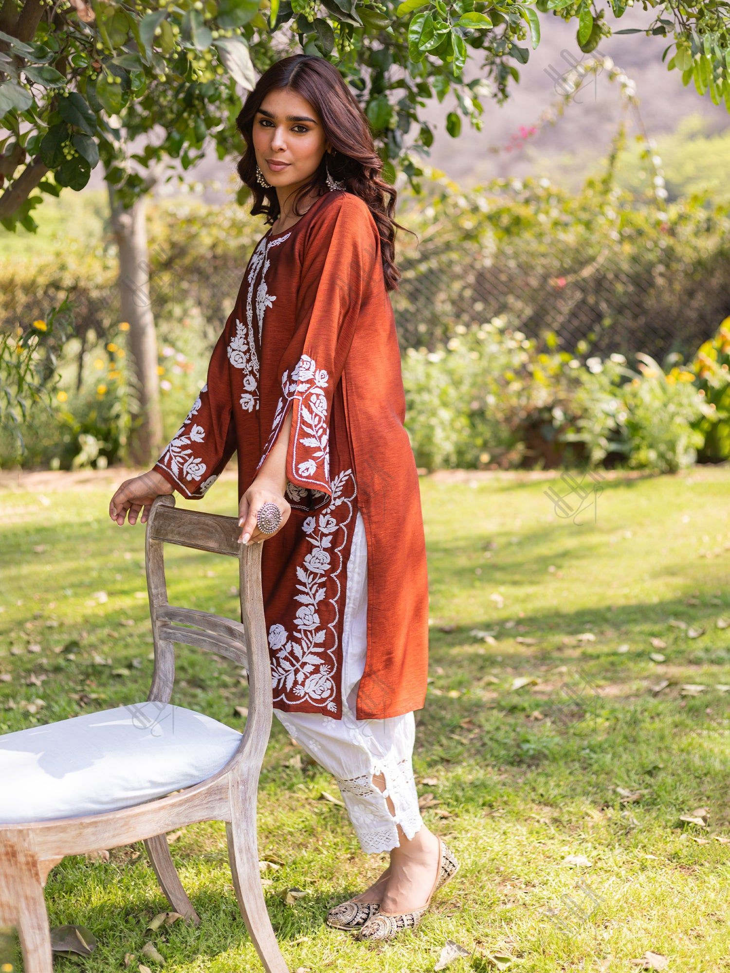 Saba Chikankari Long Kurta in Barfi Silk - Chutney