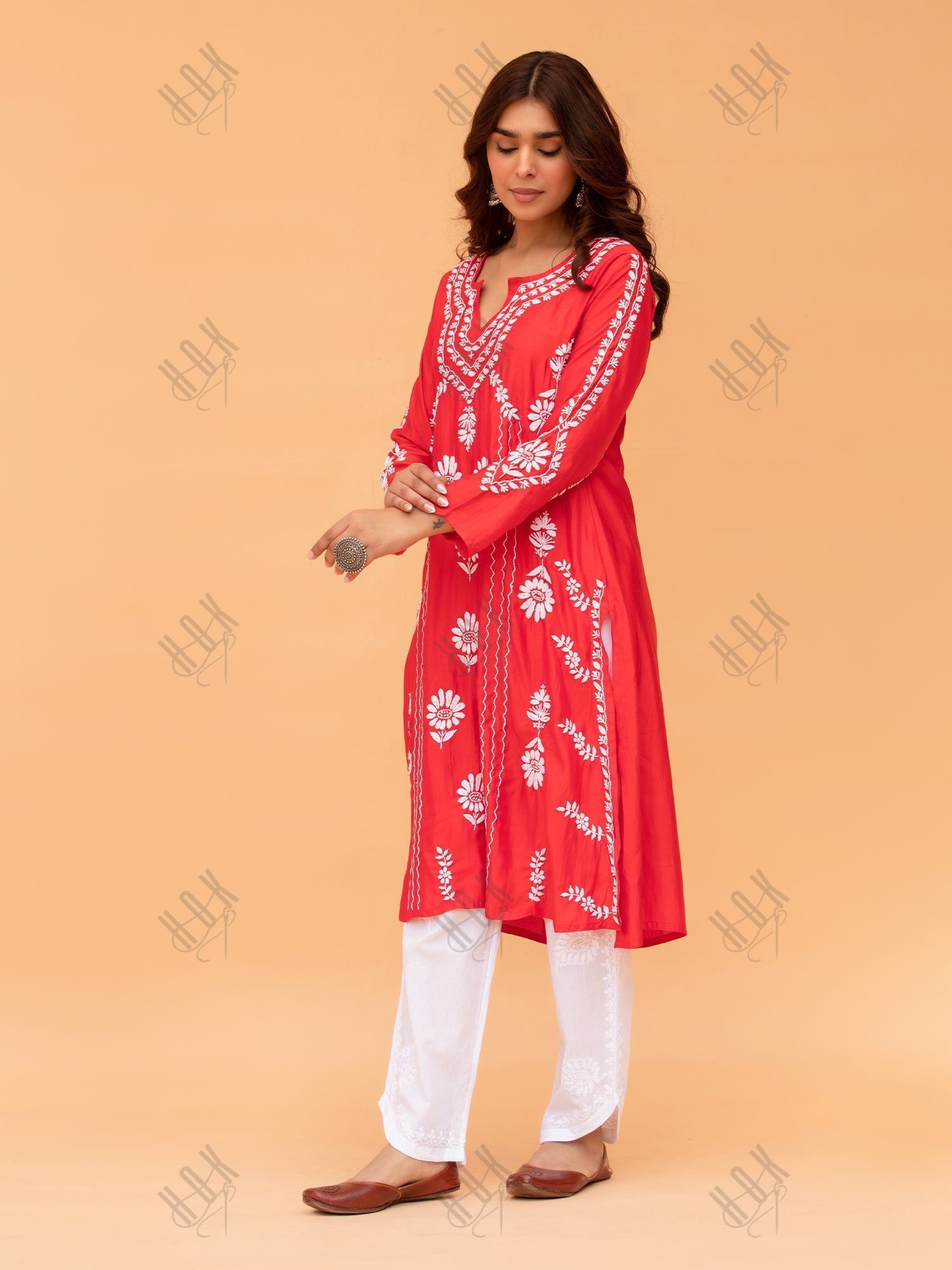 Saba Chikankari Long Kurta in Barfi Silk - Red