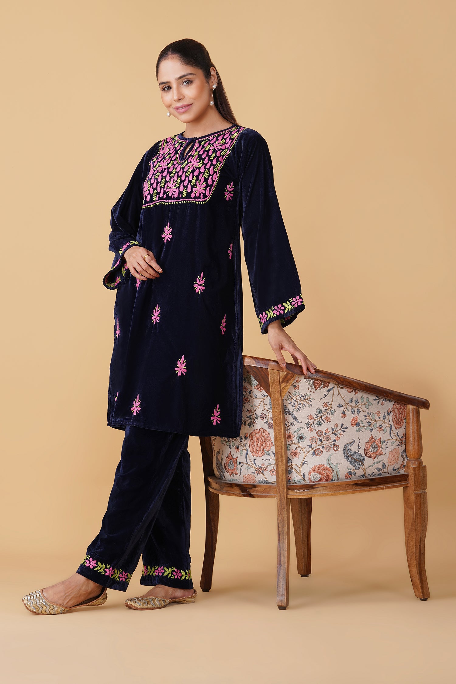 Velvet Chikankari Kurta Set – Blue