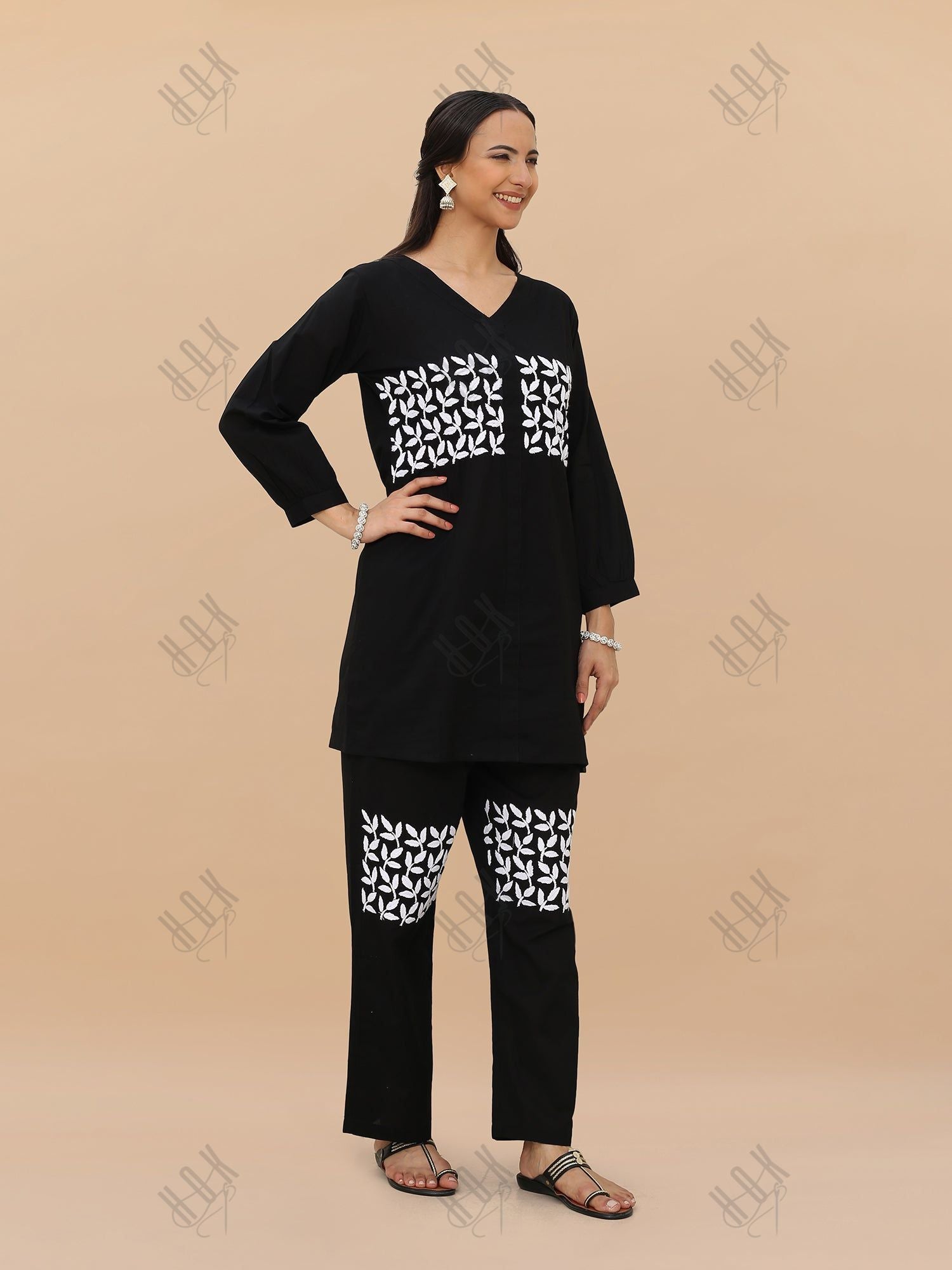 Saba Chikankari Cord Set in Cambric cotton - Black With White