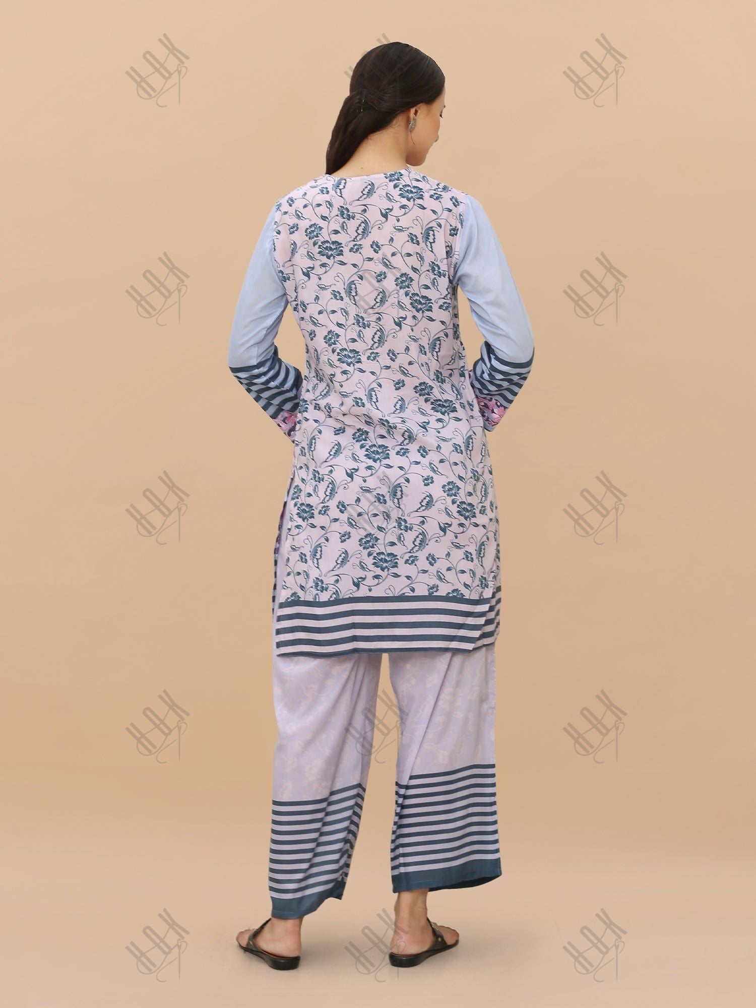 Saba Chikankari Set in Printed Polysilk - Pink Blue