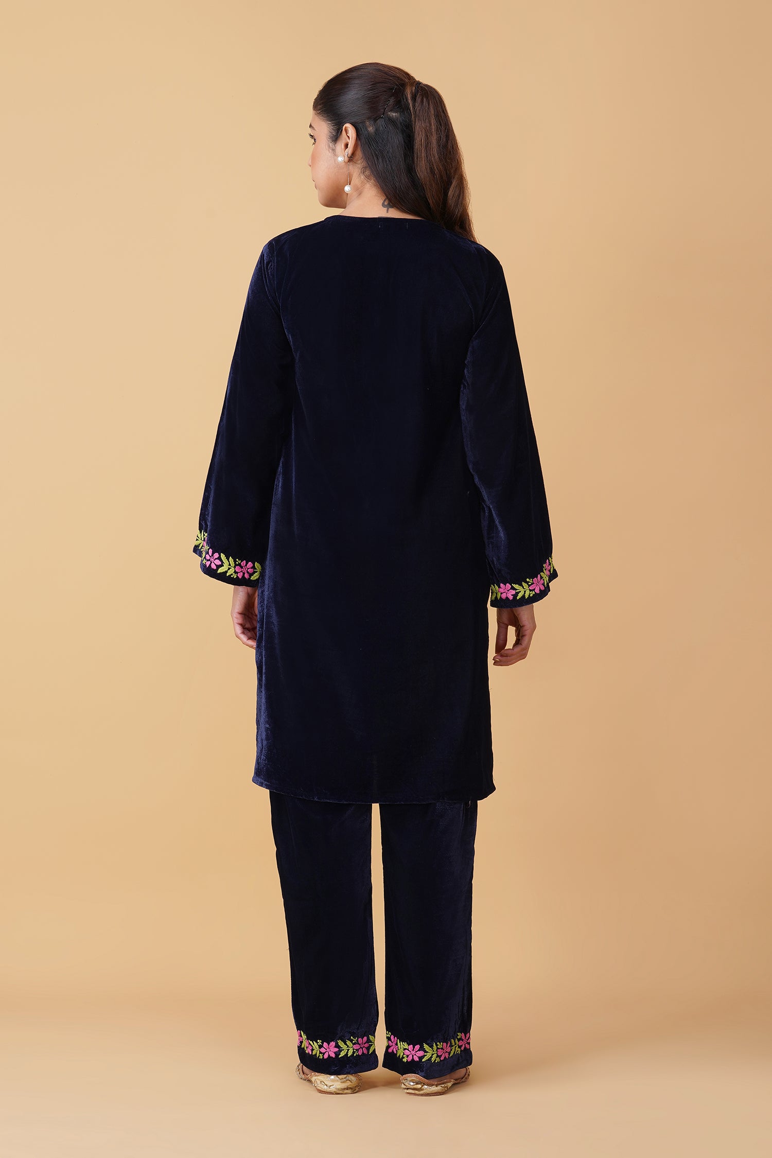 Velvet Chikankari Kurta Set – Blue