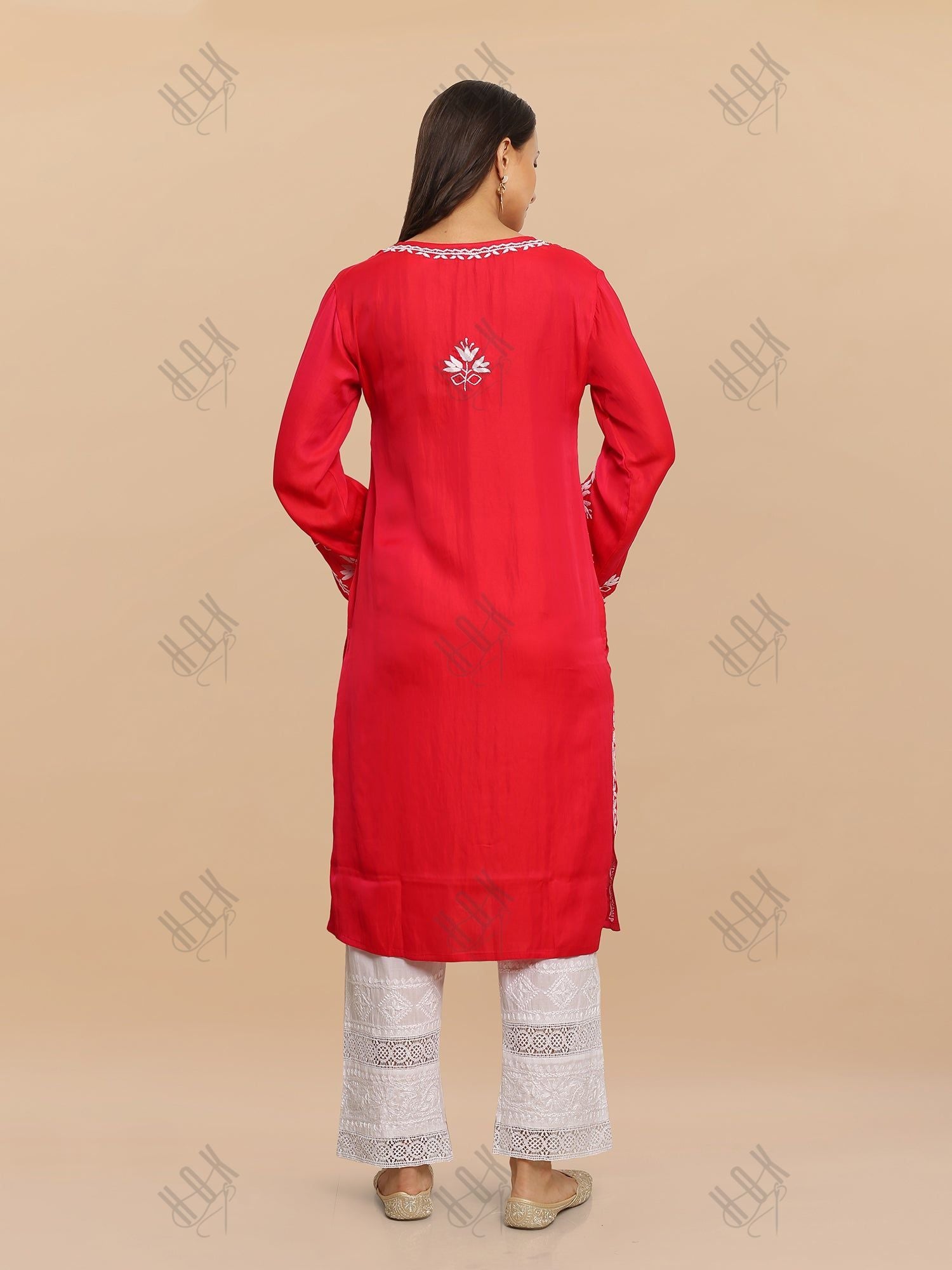 Saba Chikankari Long Kurta in Barfi Silk - Red