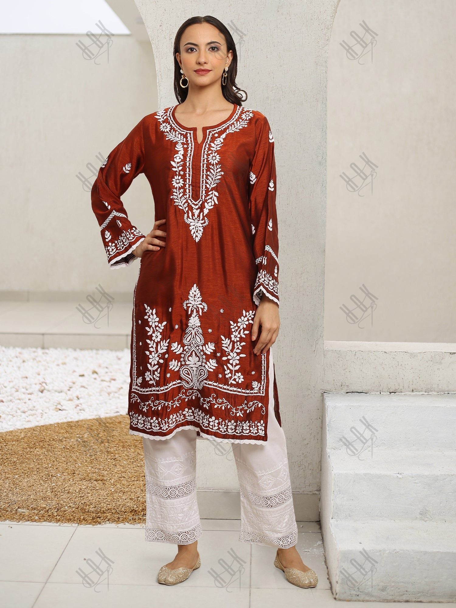 Saba Chikankari Long Kurta in Barfi Silk - Chutney