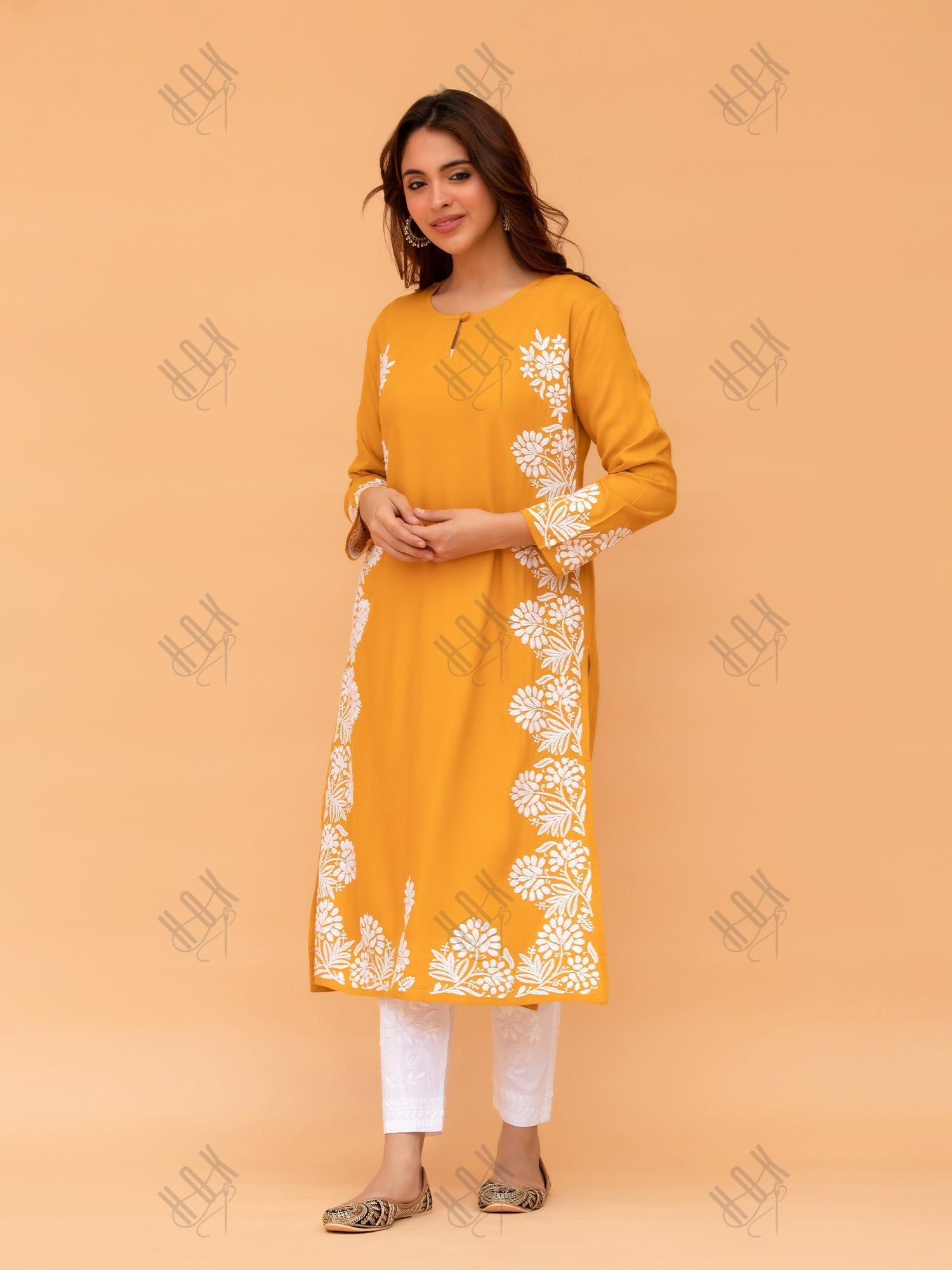 Saba Chikankari Long Kurta in Rayon cotton - Mustard