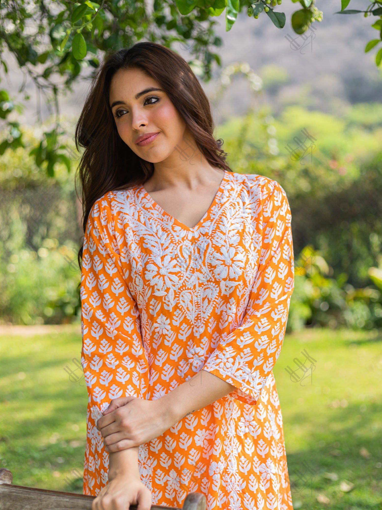 Saba Chikankari Kurta in Muslin - Orange