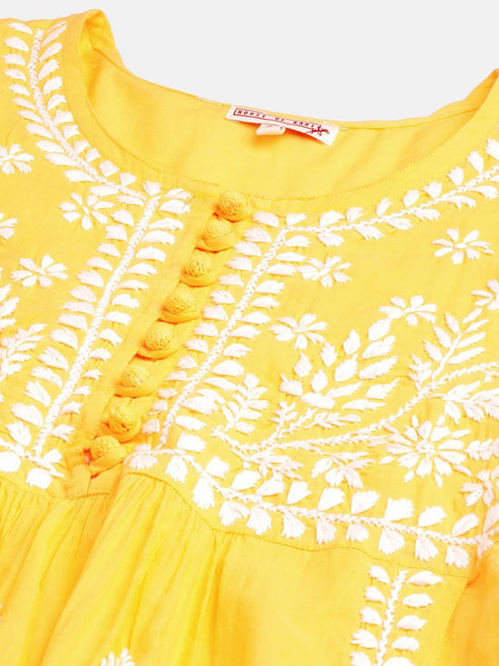 Hand Embroidery Chikankari Tunic for Women - Yellow - House Of Kari (Chikankari Clothing)
