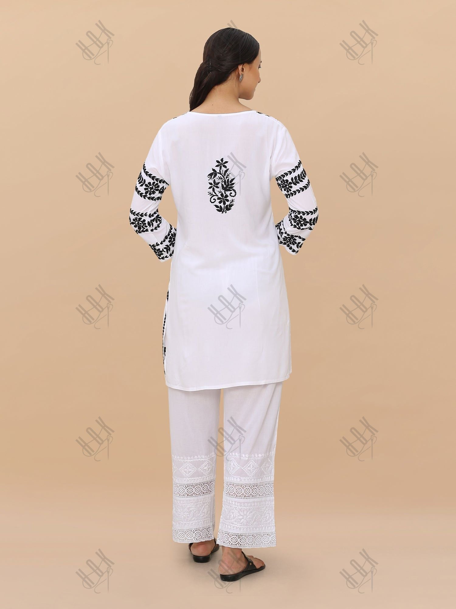 Saba Chikankari Short Kurta in Rayon cotton - White With Black