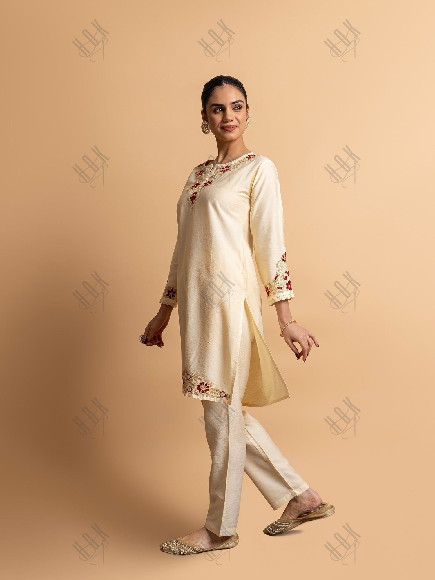 Saba Chikankari Chanderi Silk Kurta Set for Women - Beige